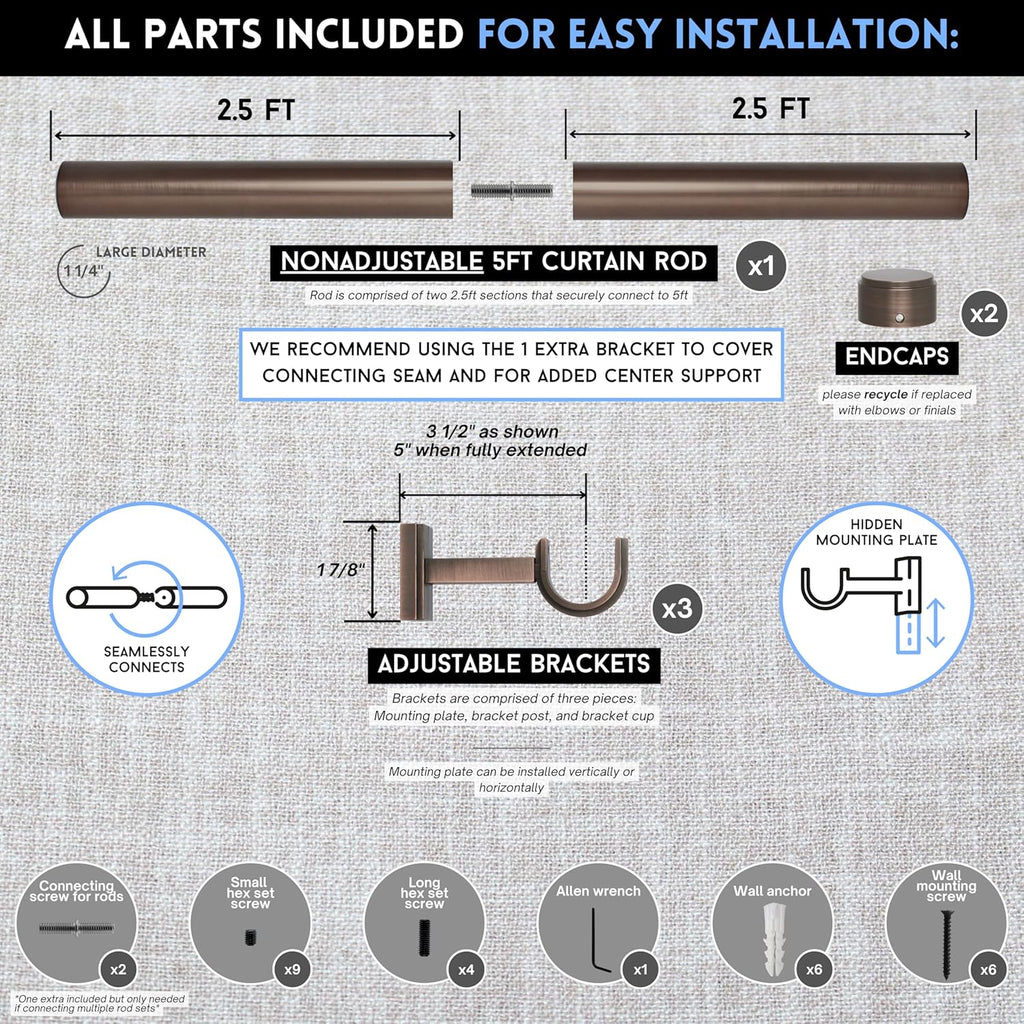BlastHome® Non-Adjustable Luxury Curtain Rods for Windows, 1 ¼” Rod Set, 5 foot Fixed Length (Two Rods Connect for a Seamless Look), Oil Rubbed Bronze