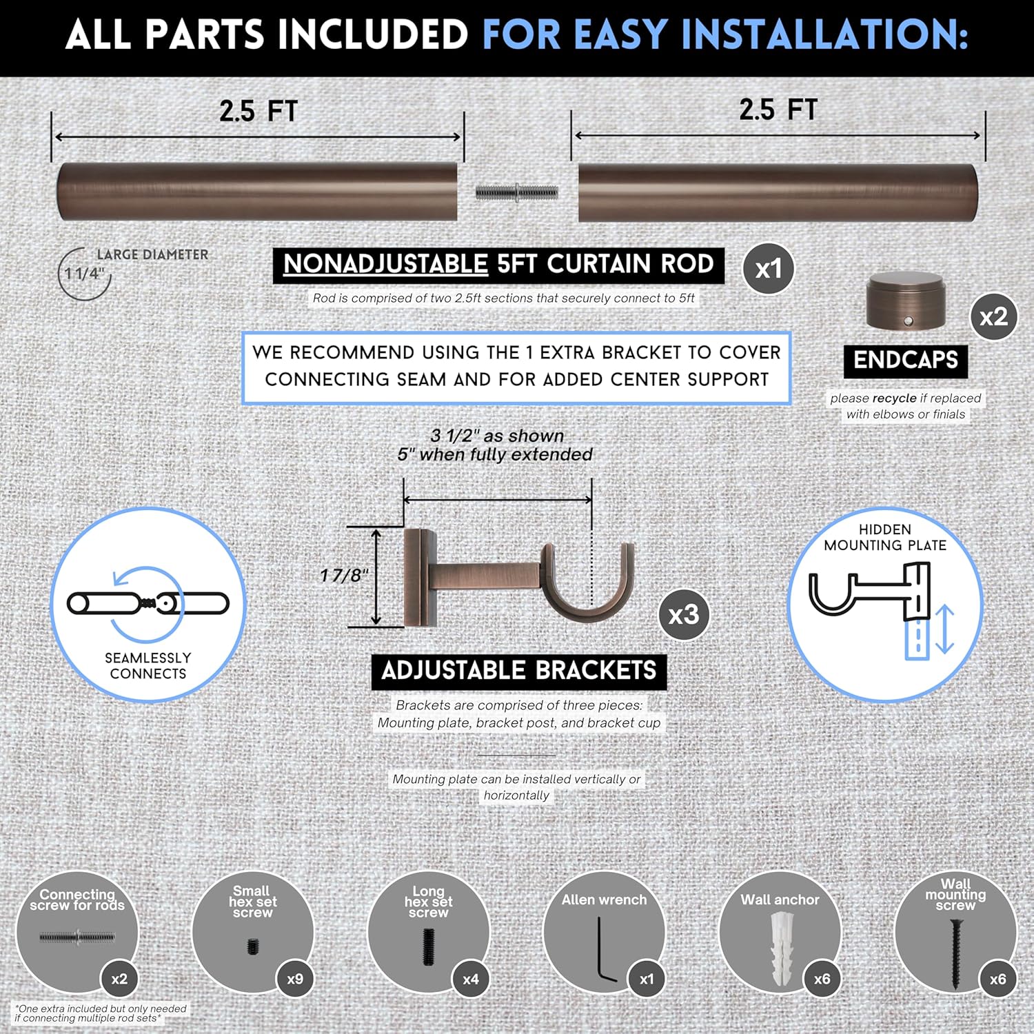 BlastHome® Non-Adjustable Luxury Curtain Rods for Windows, 1 ¼” Rod Set, 5 foot Fixed Length (Two Rods Connect for a Seamless Look), Oil Rubbed Bronze