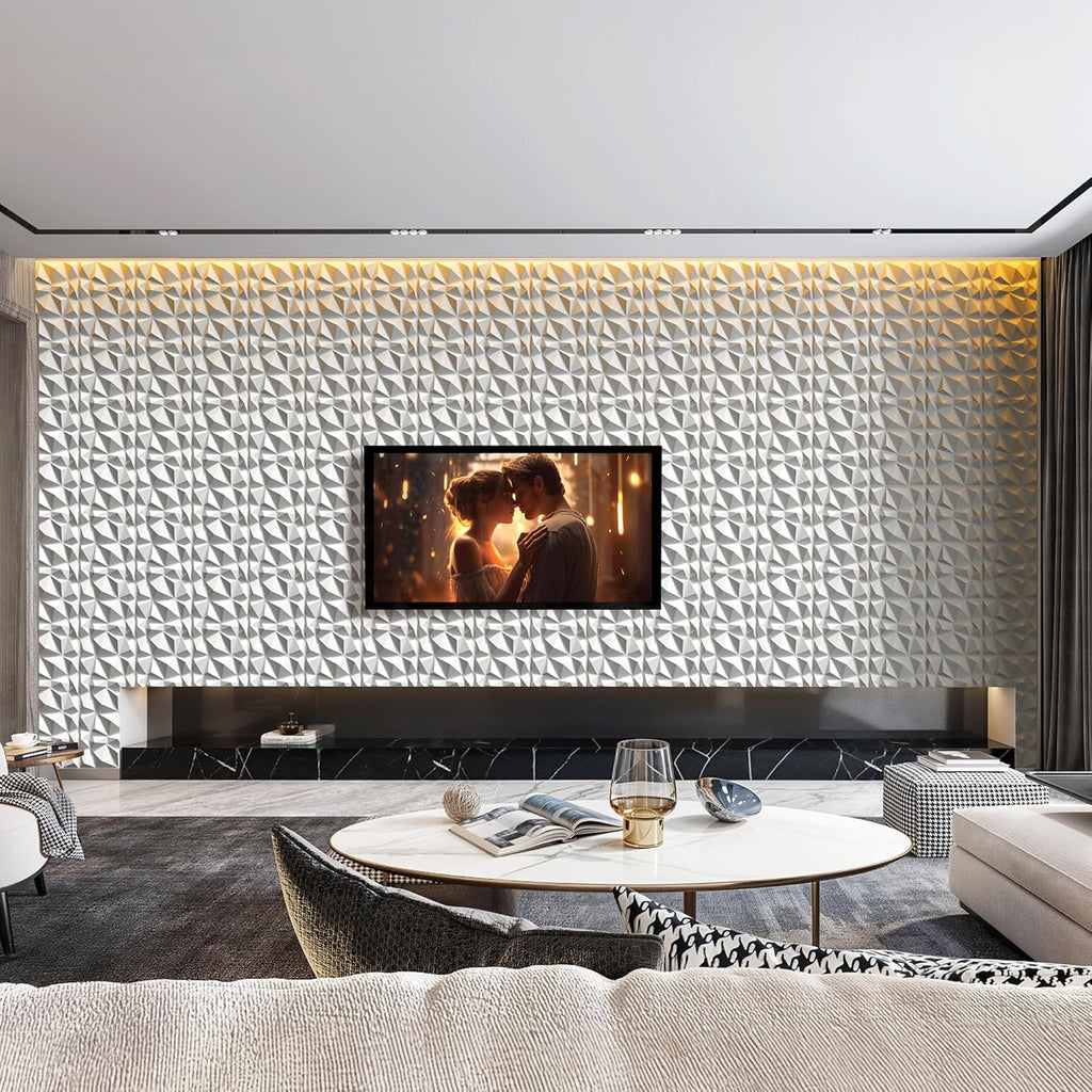 INMOZATA 3D Wall Panels for Interior Wall Decor, 33 Pack 12 x 12 Inch Decorative Wall Panels Diamond 3D Textured Accent Panel for TV, Gaming Living Room, Bedroom Background(White)