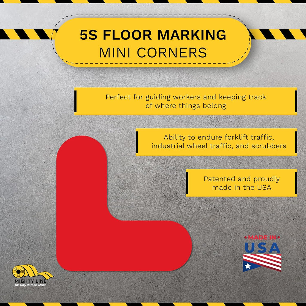 Mighty Line 3/4" Wide Solid Mini Corner Marker Floor Marking Tape, Heavy-Duty, Peel and Stick, Adhesive, Industrial Quality, Red Pack of 108