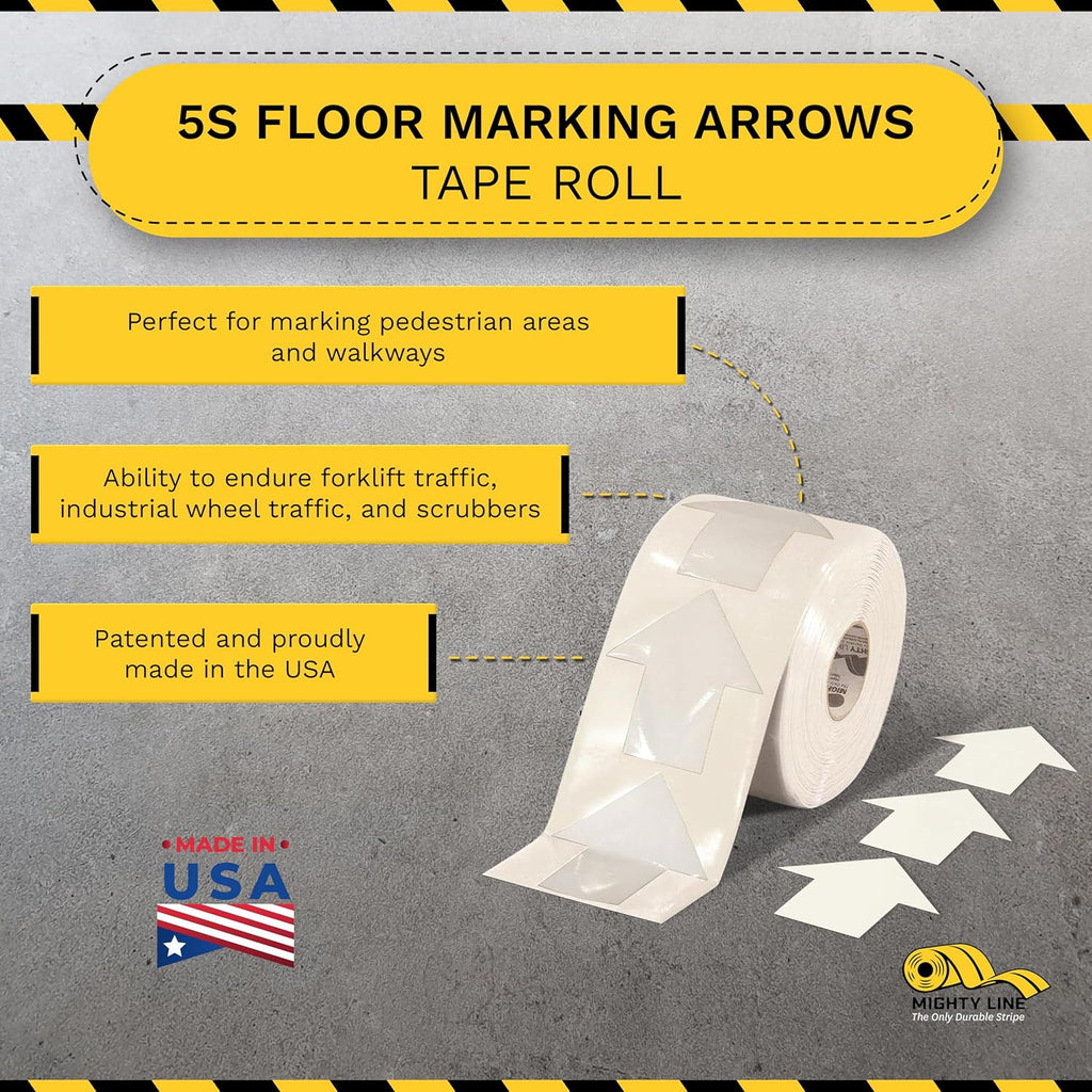 Mighty Line 5.5" Wide Solid Arrows Roll, Directional Sticker Sign Floor Marking Tape for Safety, Caution, Warning, Heavy-Duty, Peel and Stick, Adhesive, Industrial Quality, White, Pack of 200