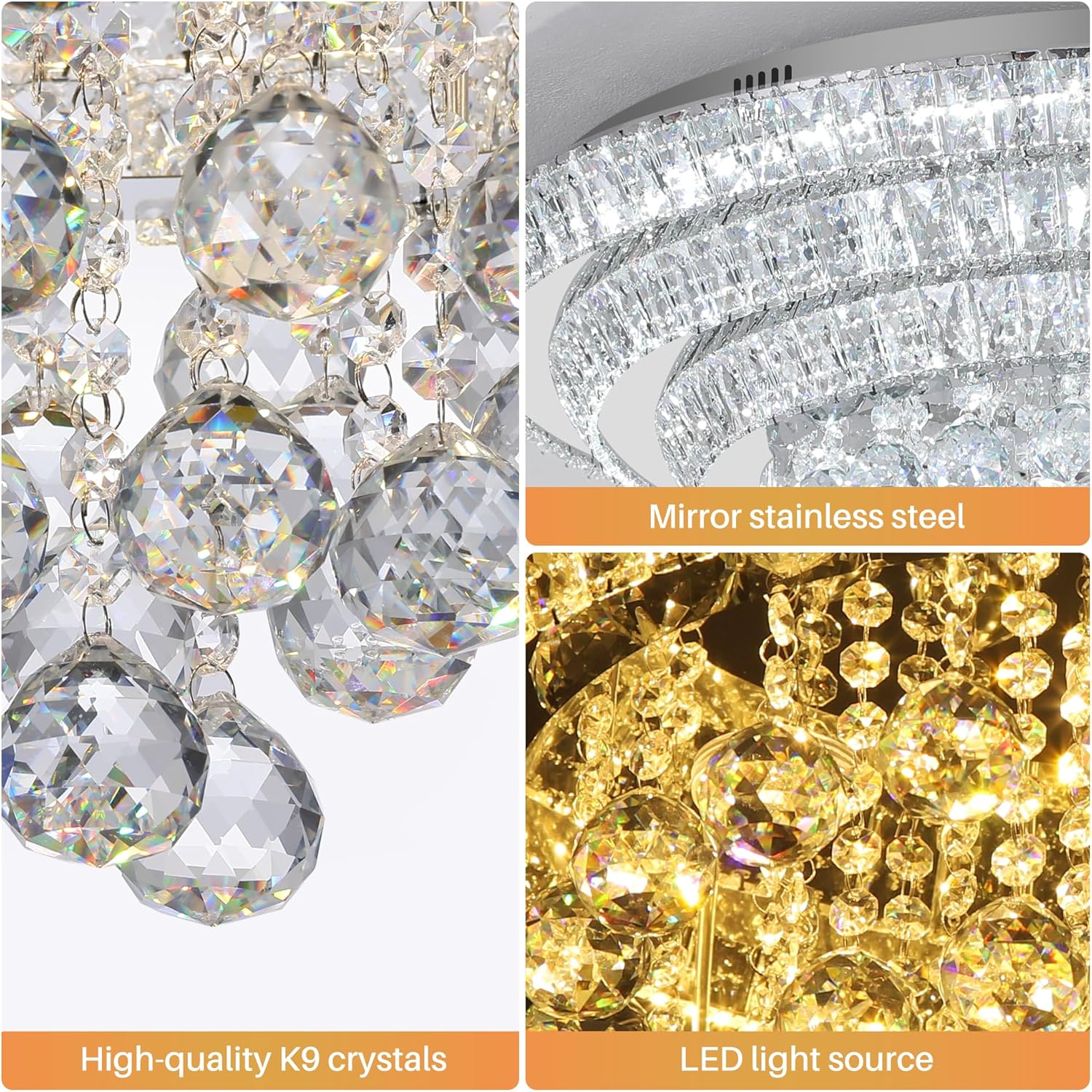 Elegant LED Crystal Raindrop Ceiling Light, 30" Flush Mount Chandelier Light Fixture with Remote Control for Living Room Kitchen Island Bedroom Hallway Entryway Foyer(Dimmable)