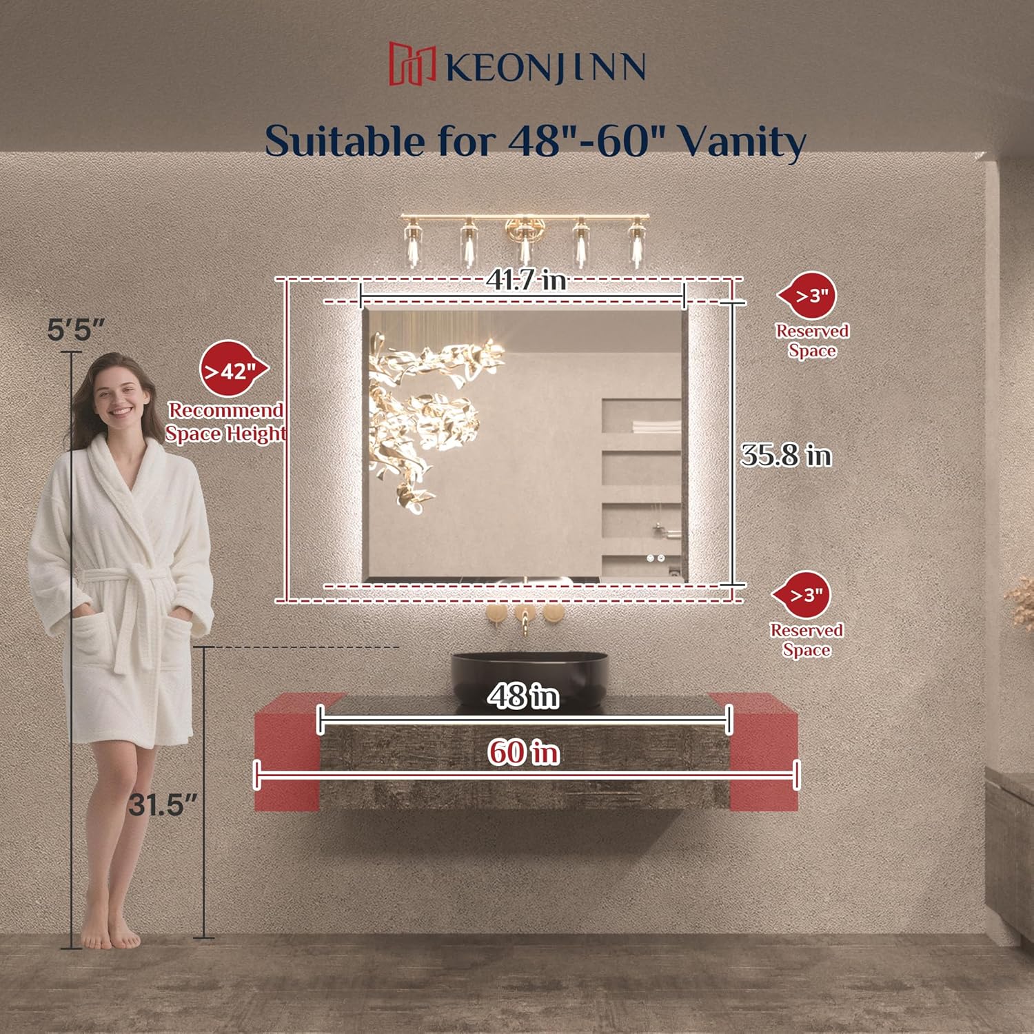 Keonjinn 42 x 36 Inch Backlit Bathroom Mirror with Lights, Frameless LED Mirror with Beveled Edge, HD Tempered Glass, UL-Listed Driver, 3000K/4500K/6500K, Defogging, Lighted Mirrors for Bathroom Wall