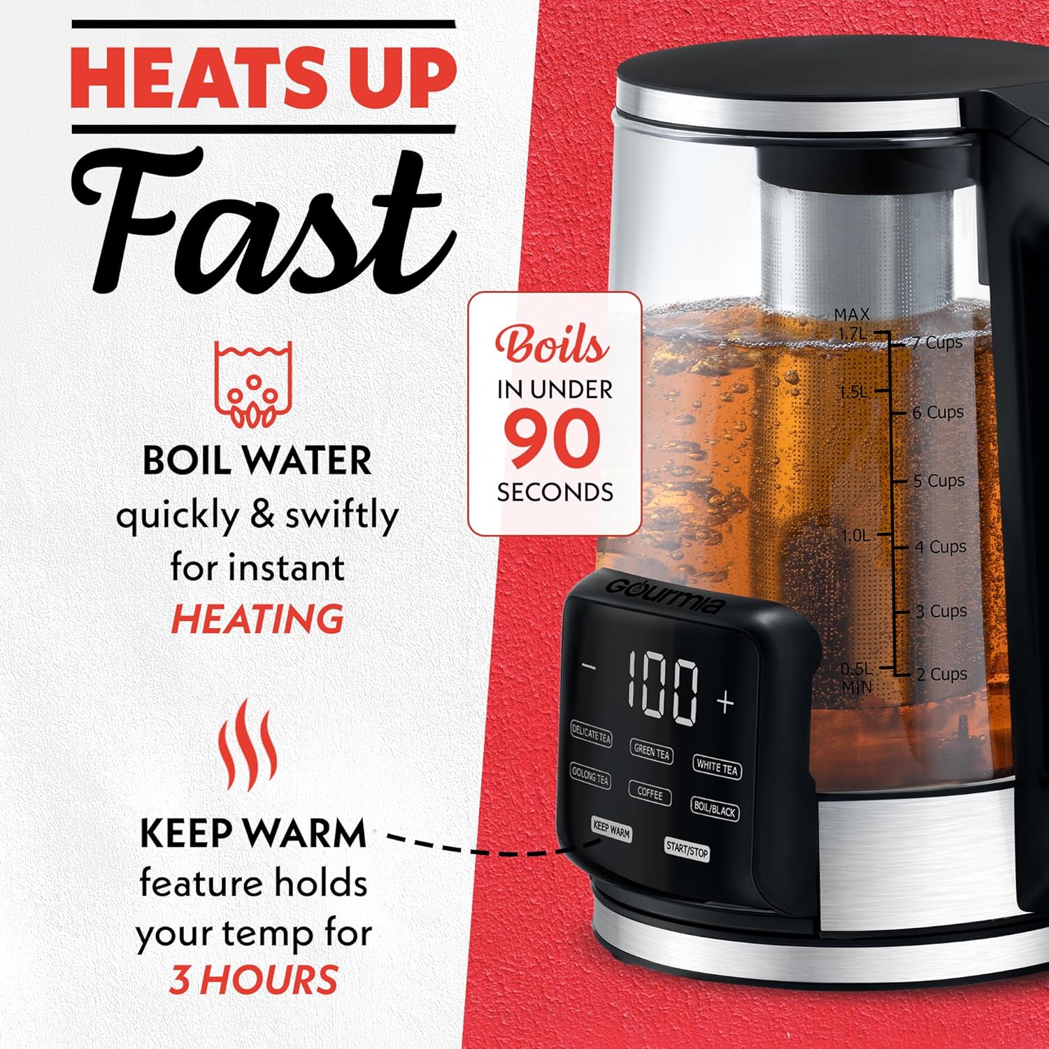 Gourmia Electric Programmable Glass Kettle – 1.7L Temperature Control Tea & Coffee Kettle with Digital Touch Display, 6 Presets, Keep Warm, Removable Stainless Steel Infuser, 360° Swivel Base – Peach