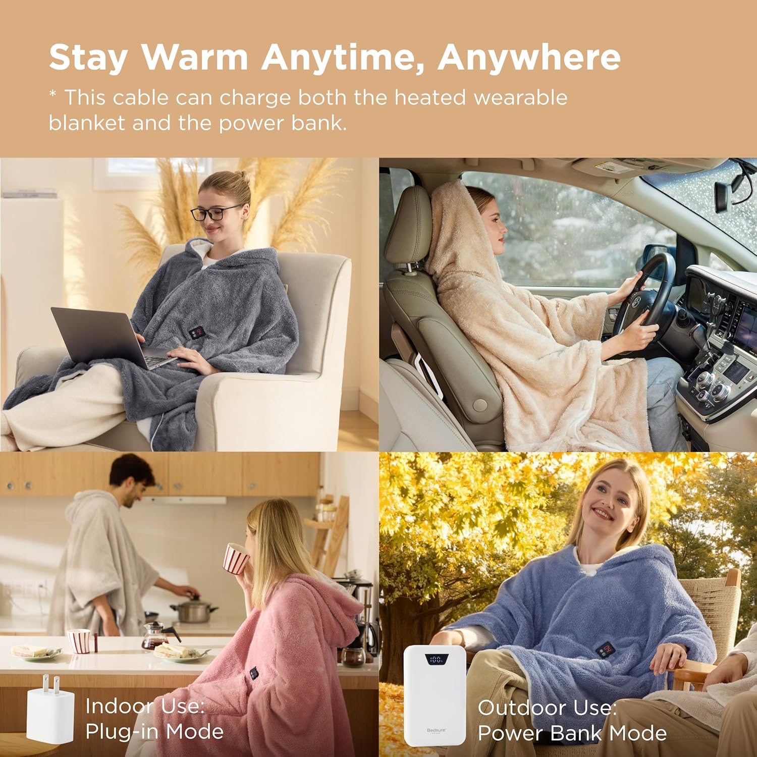 Bedsure Cordless Wearable Heated Blanket - Fluffy Electric Blanket Hoodie with 20000mAh Battery Pack, Portable USB Heated Shawl as Winter Gifts for Women Mom, 4 Heat Levels & 4 Timers, 55"x69", Blue