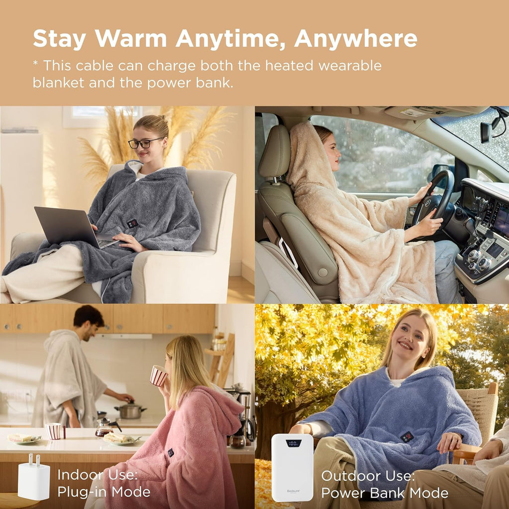 Bedsure Cordless Heated Blanket - Fluffy Electric Wearable Blanket Hoodie with 20000mAh Battery Pack, Portable USB Heated Shawl as Winter Gifts for Women Mom, 4 Heat Levels & 4 Timers, 55"x69", Grey