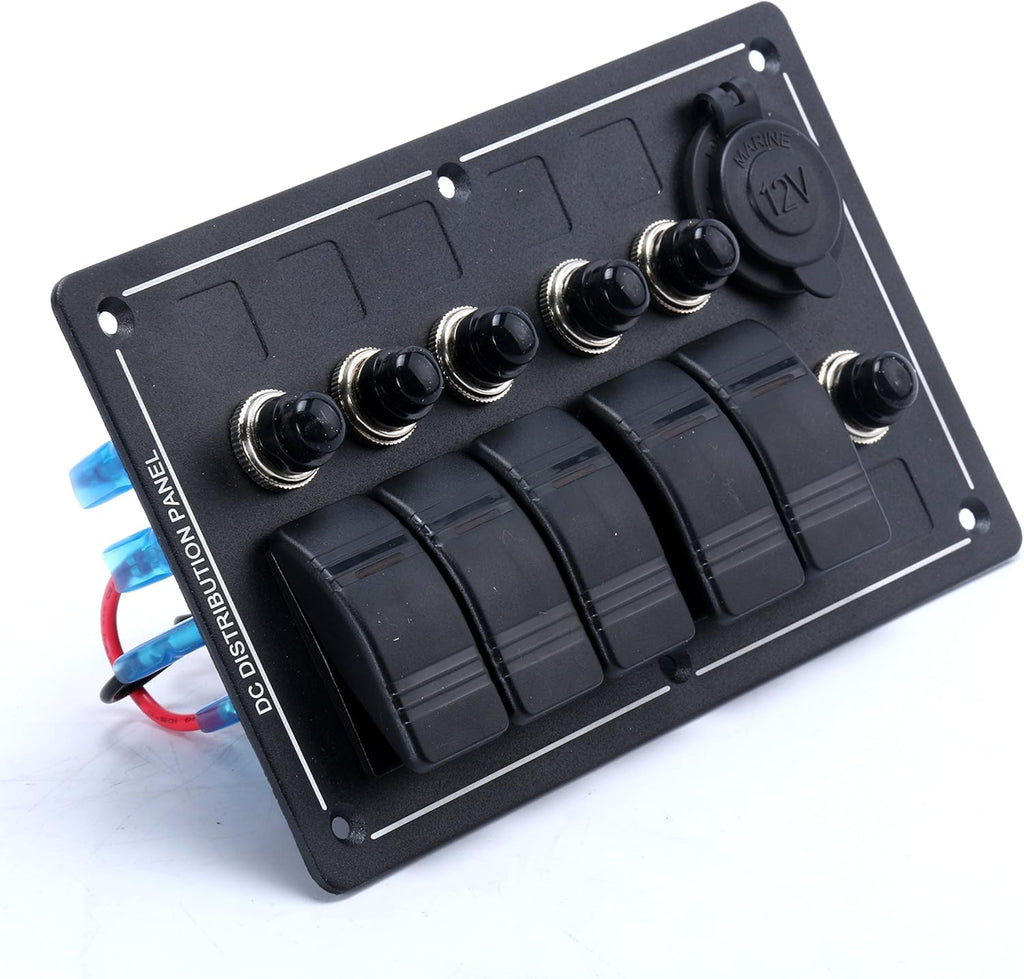 Amarine Made 5 Gang Aluminium LED Rocker & CIG Socket & Circuit Breaker Waterproof Marine/Boat/rv Switch Panel AM62-PN-LB5Z/S