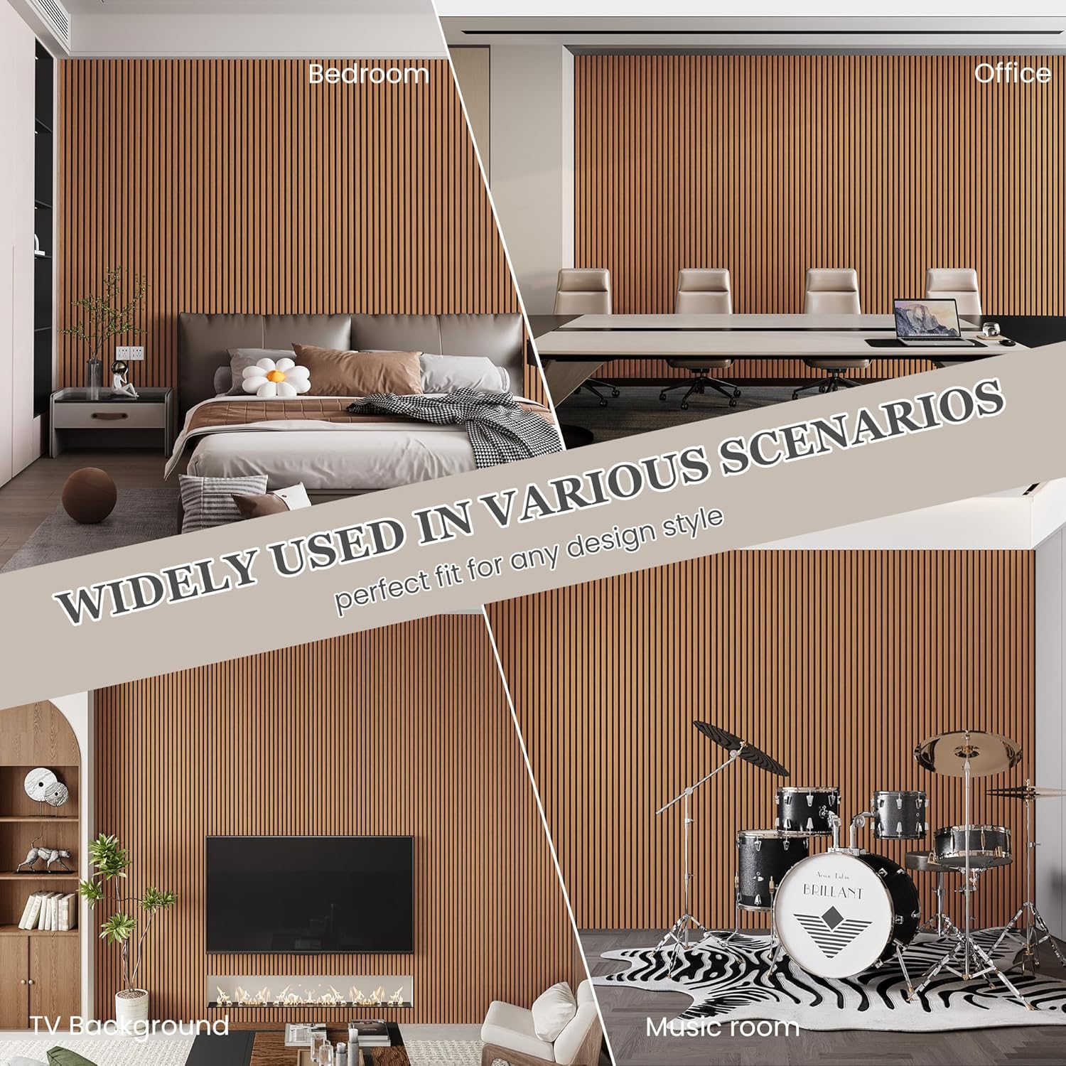 Wood Salt Acoustic Wall Panels, 4 Piece 94" x 12.6" x 0.8" Soundproof Wooden Wall Panels, 3D Fluted Sound Absorbing Panel, Brown