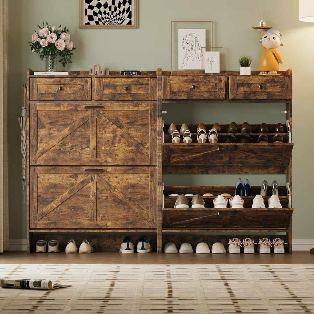 Shoe Storage Cabinet for Entryway, Farmhouse Narrow Shoe Cabinet with 2 Flip Drawers & Top Drawers, Adjustable Shelves & Hooks, Freestanding Hidden Rack Organizer for Hallway, Foyer