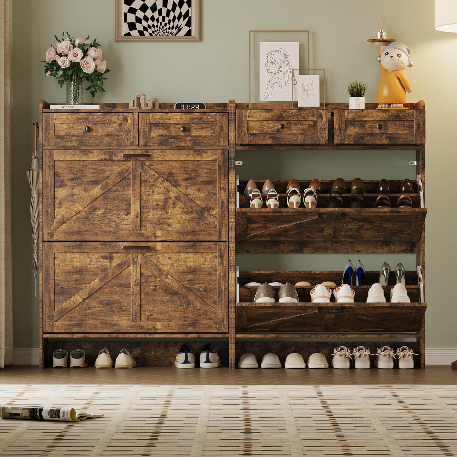 Shoe Storage Cabinet for Entryway, Farmhouse Narrow Shoe Cabinet with 2 Flip Drawers & Top Drawers, Adjustable Shelves & Hooks, Freestanding Hidden Rack Organizer for Hallway, Foyer