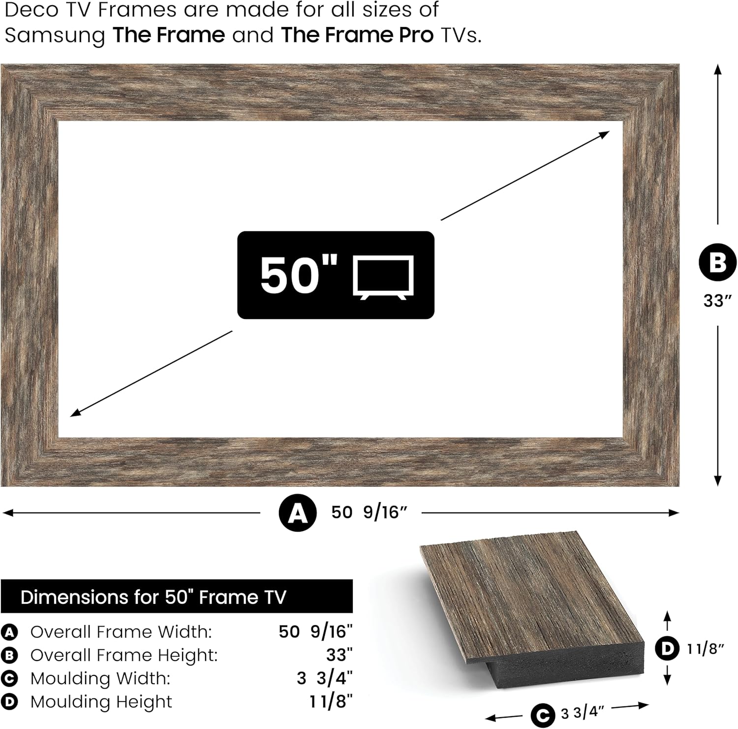 Distressed Barnwood 50" Premiere Deco TV Frame - Compatible ONLY with Samsung The Frame TVs (Fits 2021-2025, LS03A, LS03B, LS03C, LS03D, LS03FA)