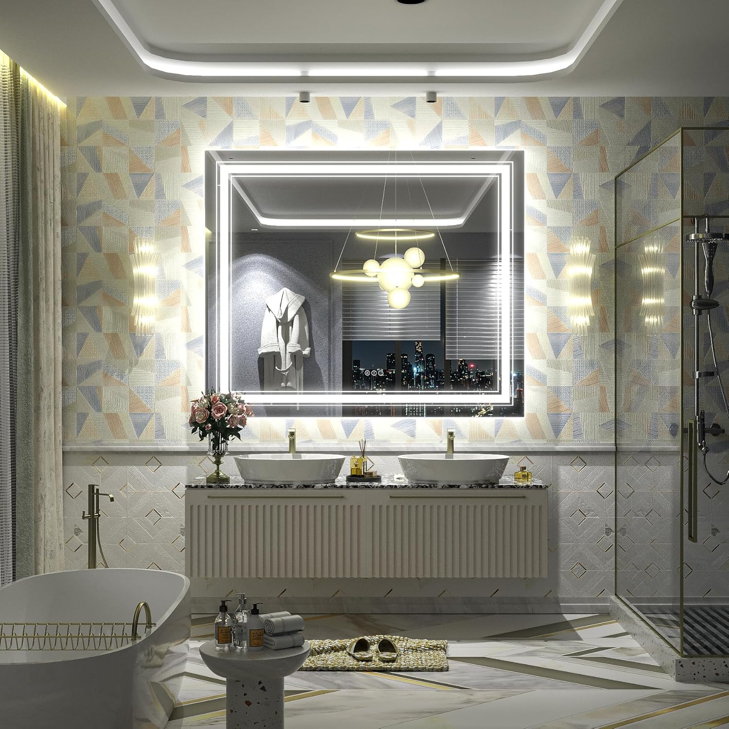 48x40 inch Large LED Bathroom Mirror, Lighted Vanity Mirror for Wall, Dimmable, Anti-Fog, Shatter-Proof, ETL Listed (Front Lights + Backlit)
