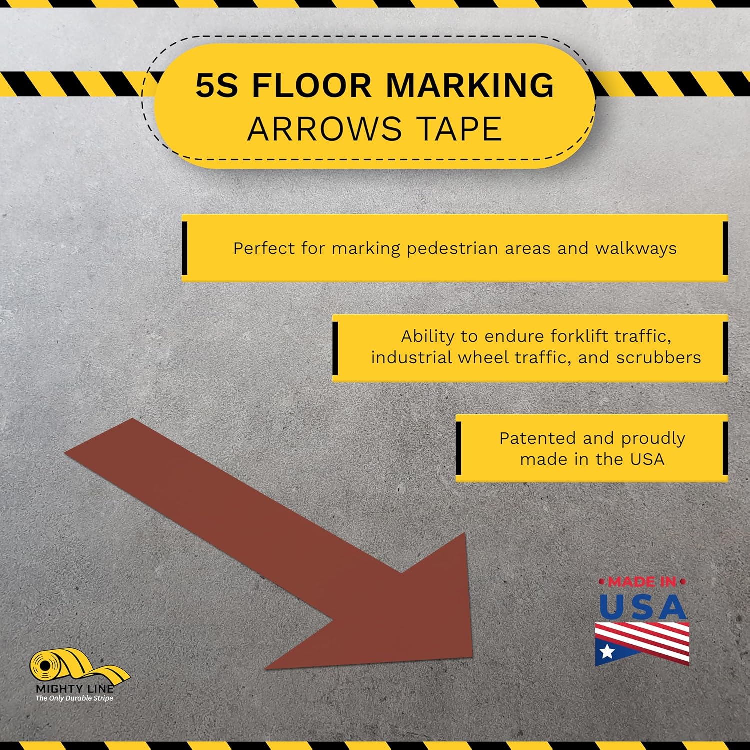 Mighty Line Solid Arrows Directional Sticker Sign Floor Marking Tape for Safety, Caution, Warning, Heavy-Duty, Peel and Stick, Adhesive, Industrial Quality, Brown, 10" by 6", Pack of 50