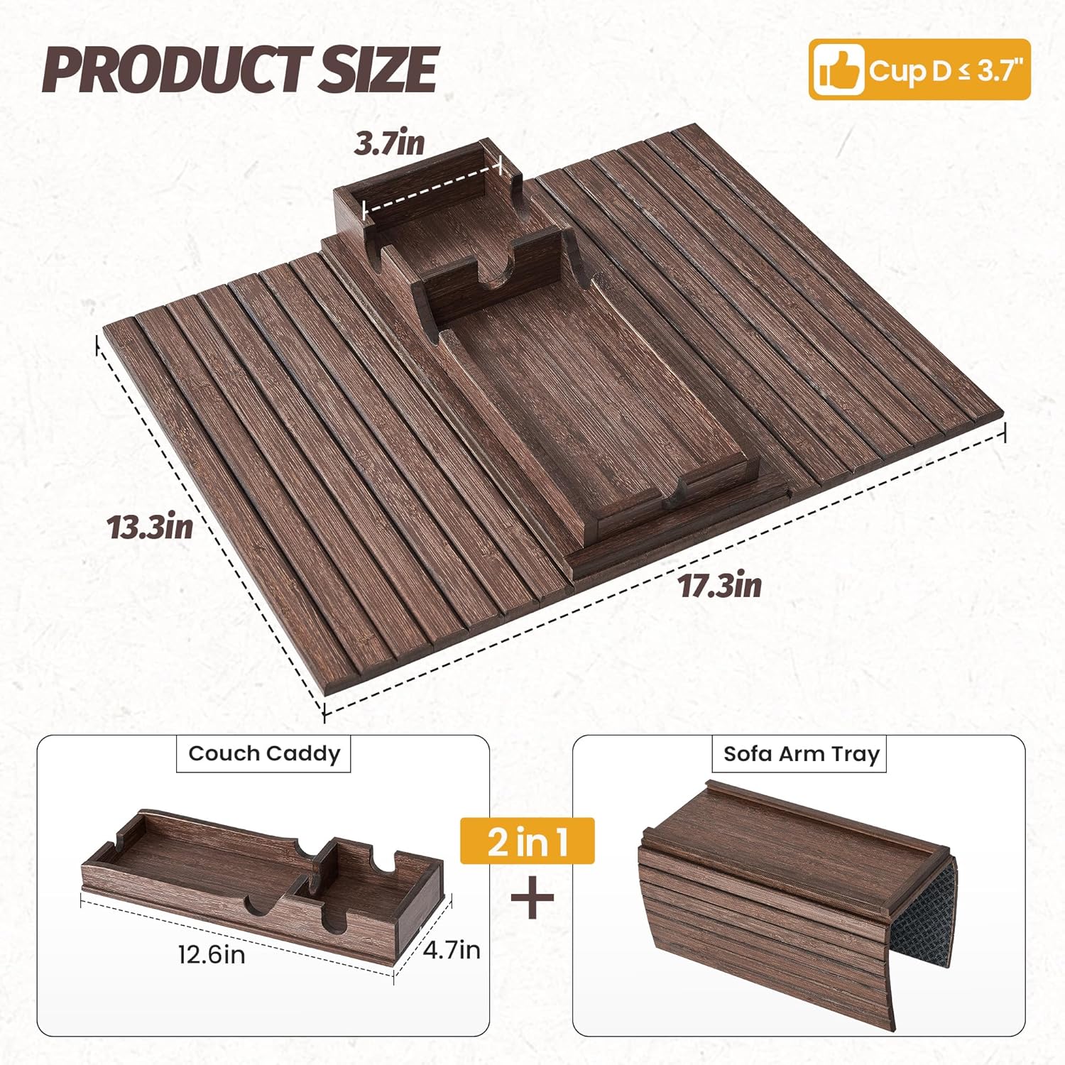 GEHE Detachable Couch Cup Holder, Anti Falling Sofa Arm Tray, Natural Bamboo Sofa Cup Holder More Safe for You Family, Portable Couch Arm Tray Armrest Table for Remote, Snacks, Phone, Drinks