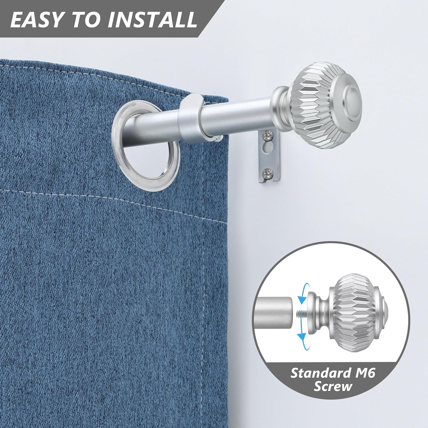 Silver Curtain Rods for Windows 28 to 48 Inches 6/8 Inch Adjustable Heavy Duty Curtain Rods with Lantern Ball Finials,Window Treatment Single Curtain Rod Set