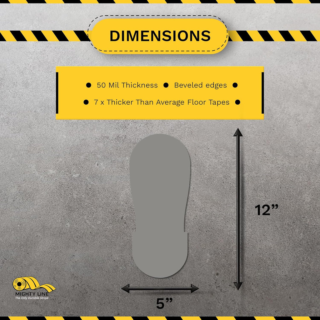 Mighty Line Big Footprints Floor Marking Tape for Safety, Caution, Warning, Heavy-Duty, Peel and Stick, Adhesive, Industrial Quality, 12" Long x 5" Wide, Gray, Pack of 50