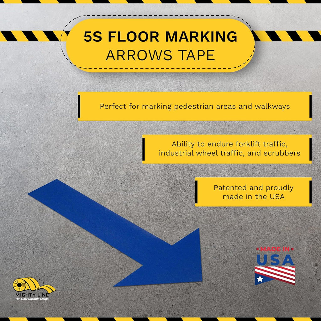 Mighty Line Solid Arrows Directional Sticker Sign Floor Marking Tape for Safety, Caution, Warning, Heavy-Duty, Peel and Stick, Adhesive, Industrial Quality, Blue, 10" by 6", Pack of 50