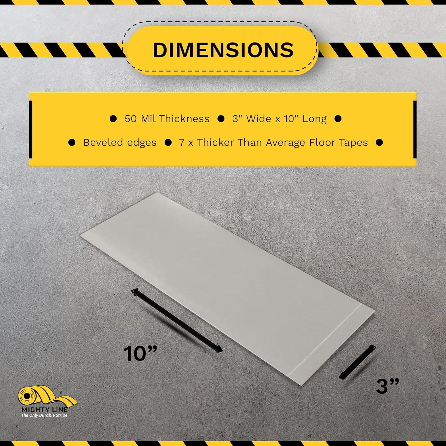 Mighty Line Floor Marking Tape Strips for Safety, Caution, Warning, Heavy-Duty, Peel and Stick, Adhesive, Industrial Quality, Grey, 3" by 10"