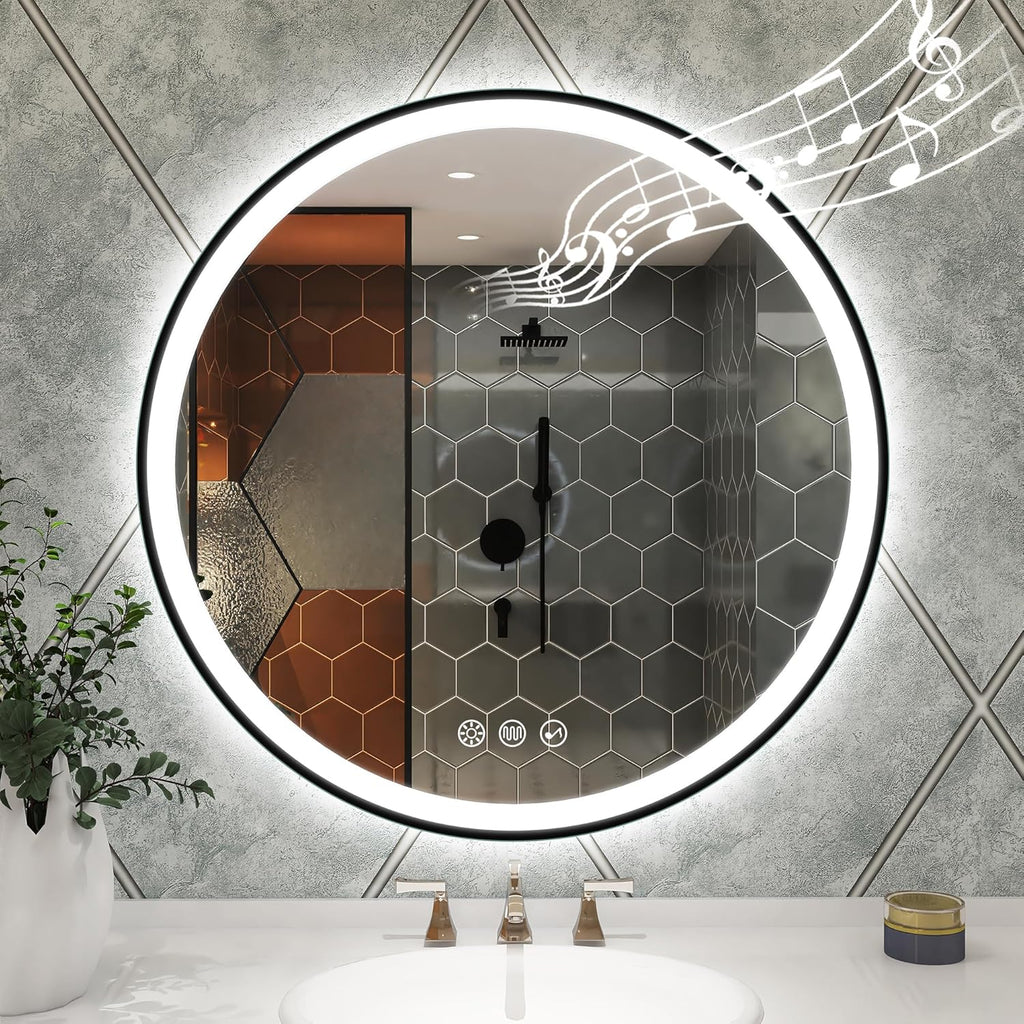 STARLEAD 32" LED-Bathroom-Mirror-with-Lights, Wall-Mounted with Bluetooth, Anti-Fog, 3 Color Temperature Dimmable Brightness, Waterproof, Tempered Glass, Frontlit & Backlit, Black Frameless Round