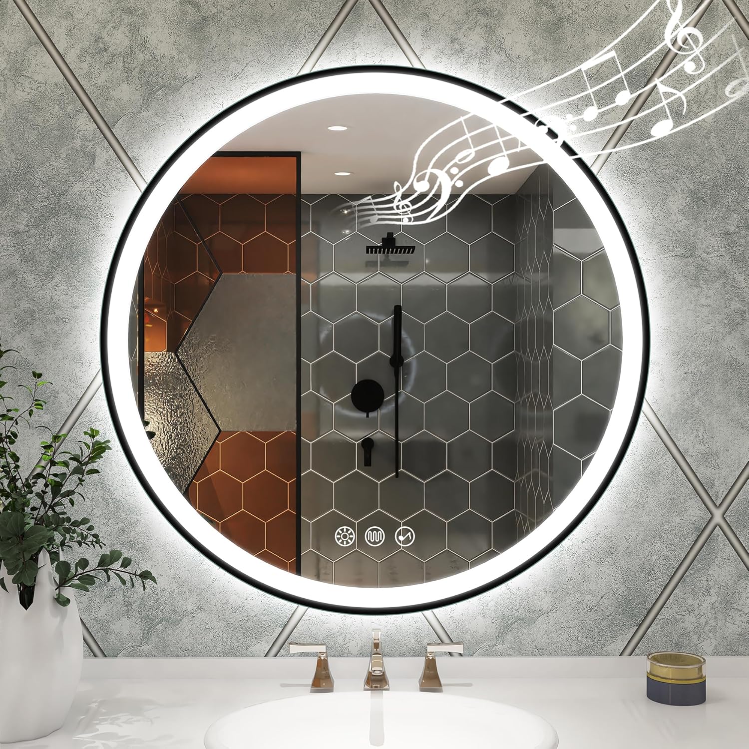 STARLEAD 32" LED-Bathroom-Mirror-with-Lights, Wall-Mounted with Bluetooth, Anti-Fog, 3 Color Temperature Dimmable Brightness, Waterproof, Tempered Glass, Frontlit & Backlit, Black Frameless Round