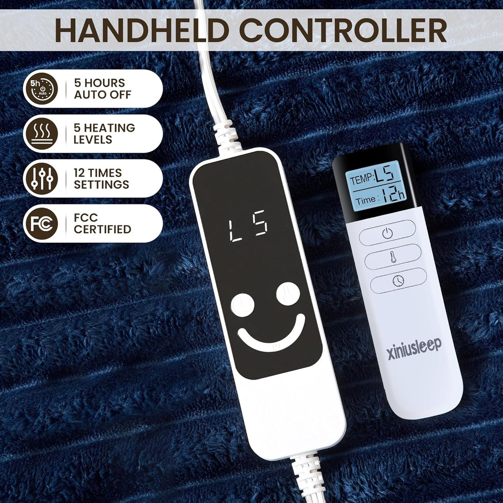 Heated Blanket Electric Blanket 90"x90", Soft Flannel Sherpa Electric Throw with 5 Heating Level & 12 Times Setting, Heated Throw with Overheating Protection, Machine Washable (Navy Blue)