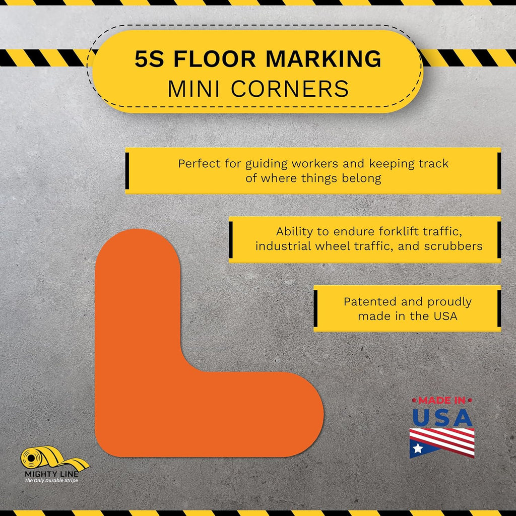 Mighty Line 3/4" Wide Solid Mini Corner Marker Floor Marking Tape, Heavy-Duty, Peel and Stick, Adhesive, Industrial Quality, Orange, Pack of 108