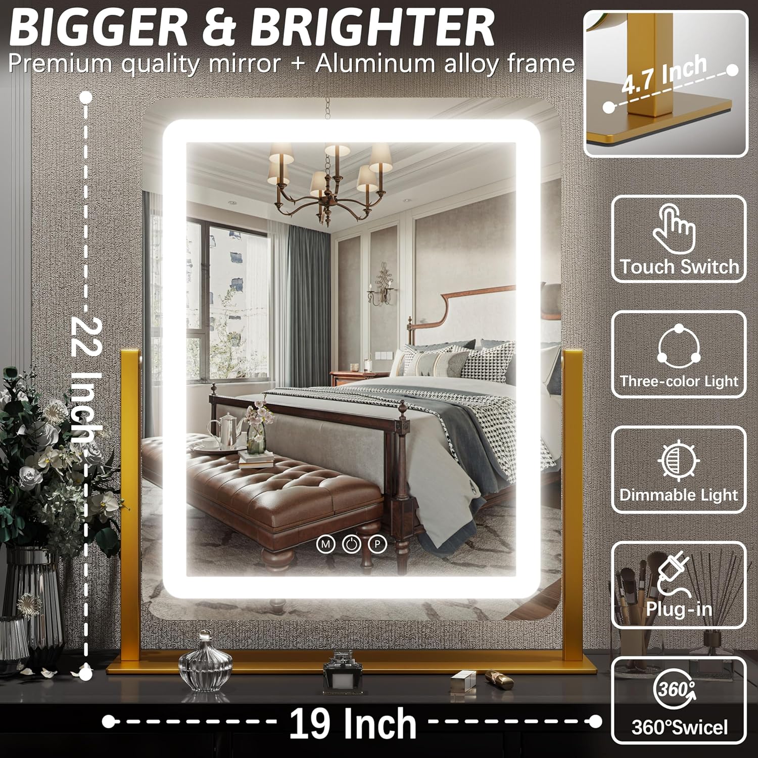 FENNIO Vanity Mirror with Lights 22 Inch- LED Lighted Makeup Mirror,Large Makeup Mirror with Lights,Touch Screen with 3-Color Lighting,Led Mirror Makeup,Dimmable(Gold)