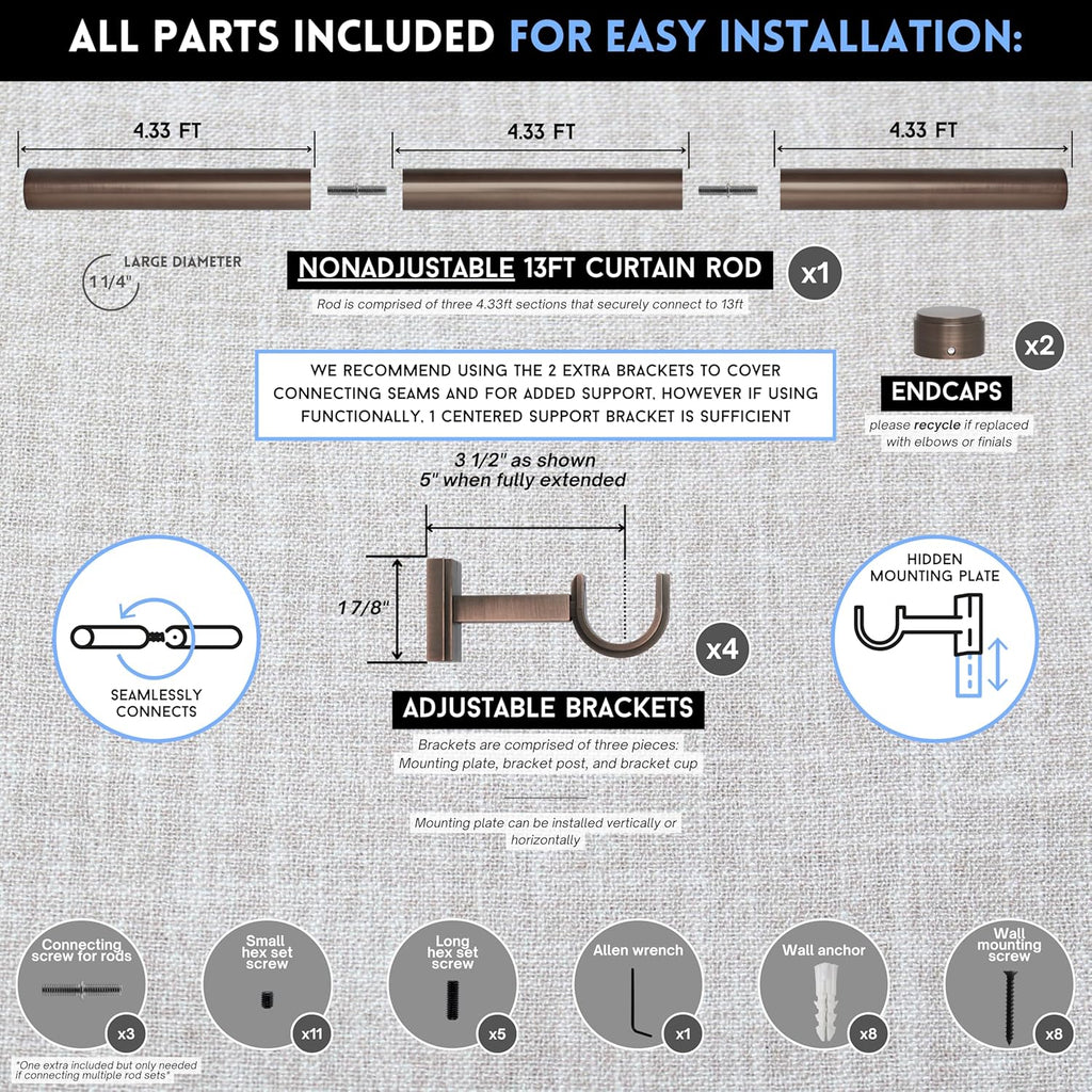 BlastHome® Non-Adjustable Luxury Extra Long Curtain Rod, 1 ¼” Rod Set, 13 foot Fixed Length (Three Rods Connect for a Seamless Look), Oil Rubbed Bronze