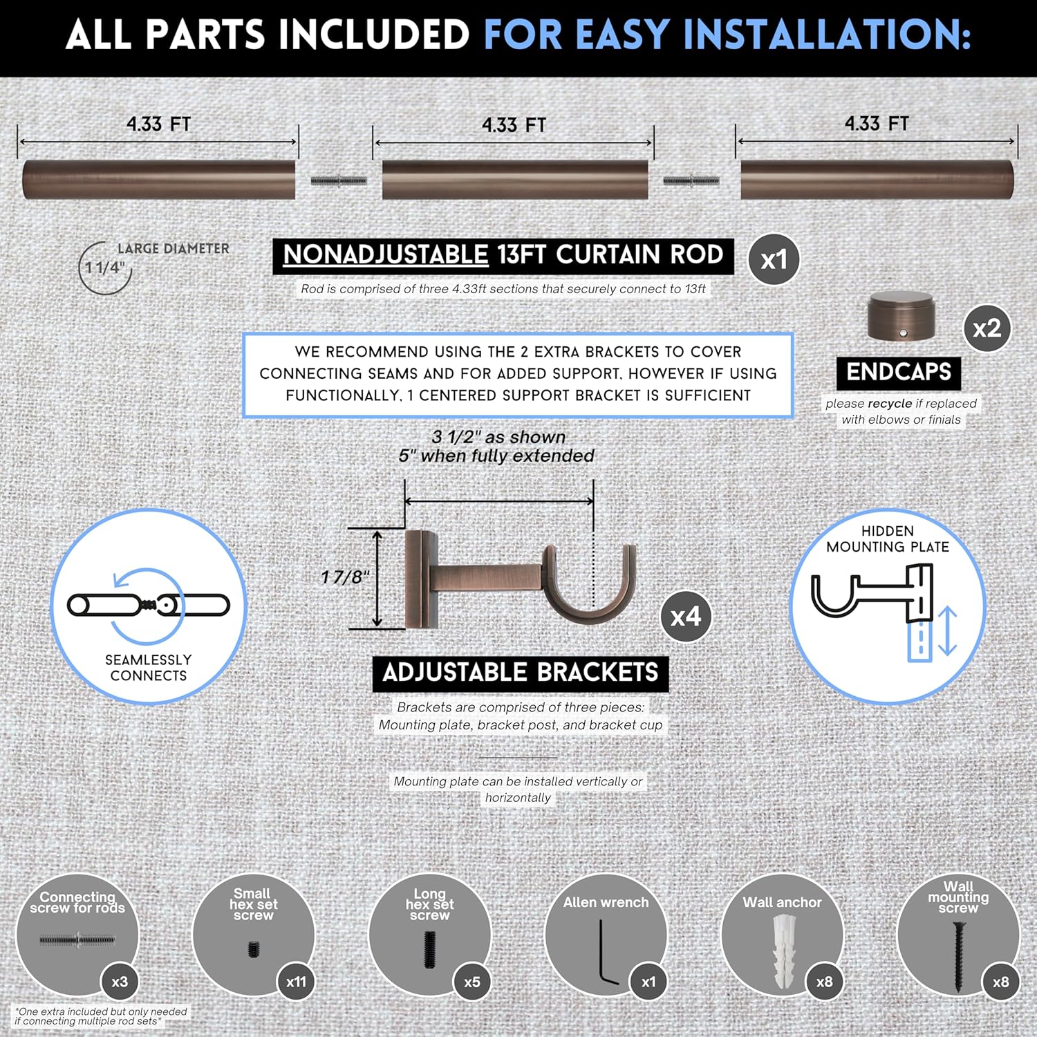 BlastHome® Non-Adjustable Luxury Extra Long Curtain Rod, 1 ¼” Rod Set, 13 foot Fixed Length (Three Rods Connect for a Seamless Look), Oil Rubbed Bronze