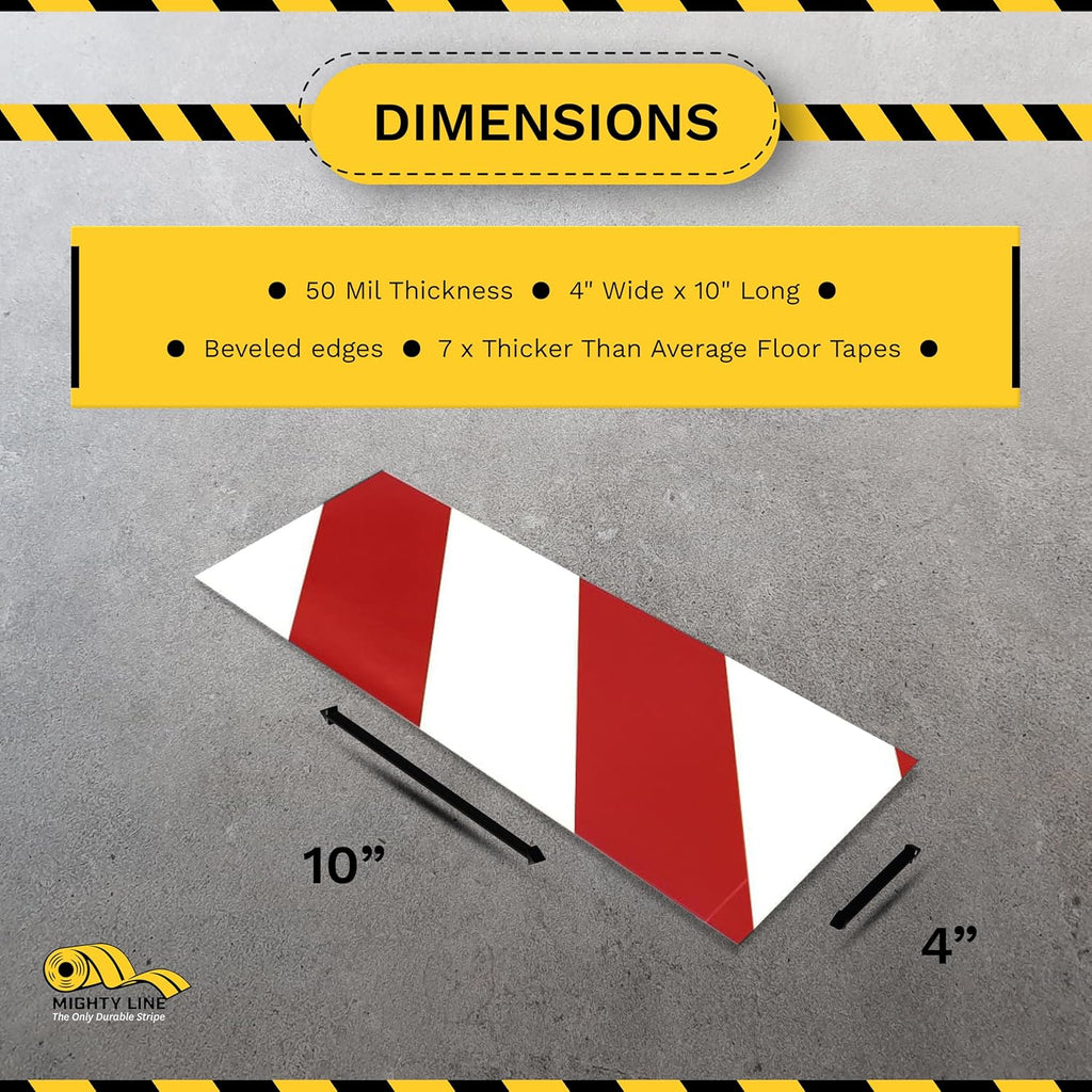 Mighty Line Floor Marking Tape Strips for Safety, Caution, Warning, Heavy-Duty, Peel and Stick, Adhesive, Industrial Quality, White and Red Hazard, 4" by 10"