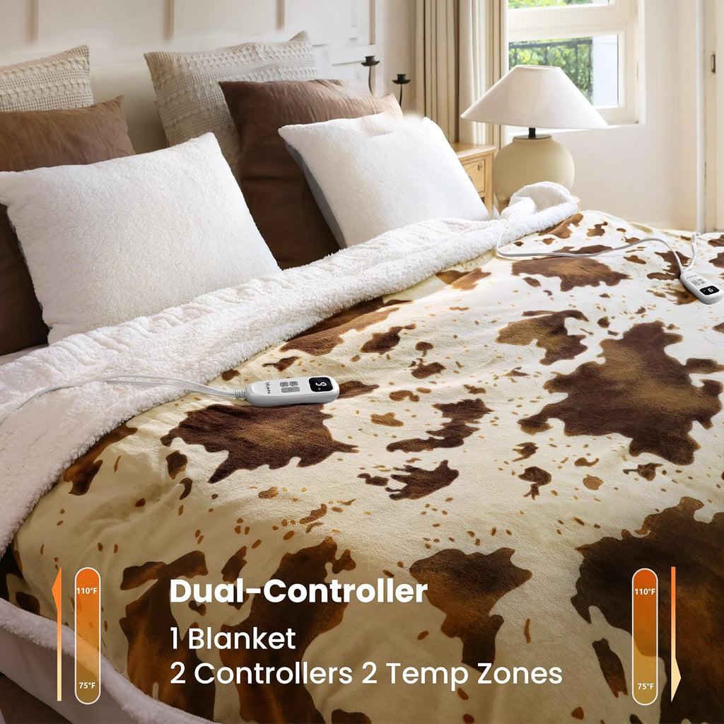 Cow Print Electric Heated Blanket Queen-Dual Control Heating Blanket Queen Size with 10 Heat Levels & 10 Hours Auto-Off, Cozy Soft Fleece Sherpa, Washable, 84x90 Inche Cow Print Apricot