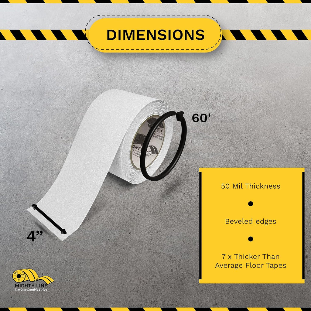 Mighty Line Anti-Slip Caution Floor Marking Tape for Safety, Warning, Heavy-Duty, Peel and Stick, Adhesive, Industrial Quality, 4" Glow, 60' Roll