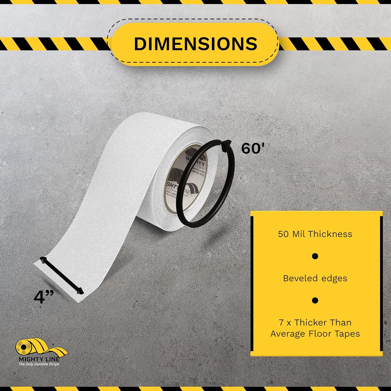 Mighty Line Anti-Slip Caution Floor Marking Tape for Safety, Warning, Heavy-Duty, Peel and Stick, Adhesive, Industrial Quality, 4" Glow, 60' Roll