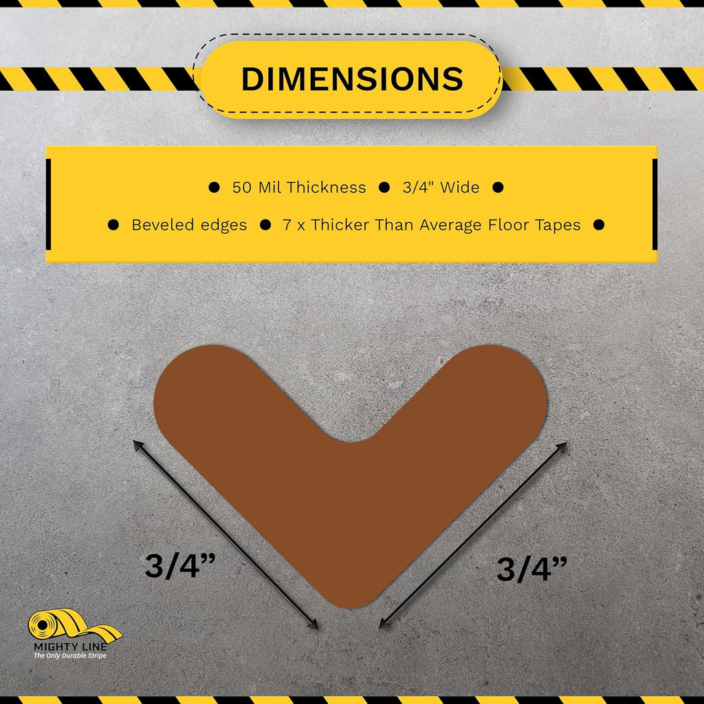 Mighty Line 3/4" Wide Solid Mini Corner Marker Floor Marking Tape, Heavy-Duty, Peel and Stick, Adhesive, Industrial Quality, Brown, Pack of 108