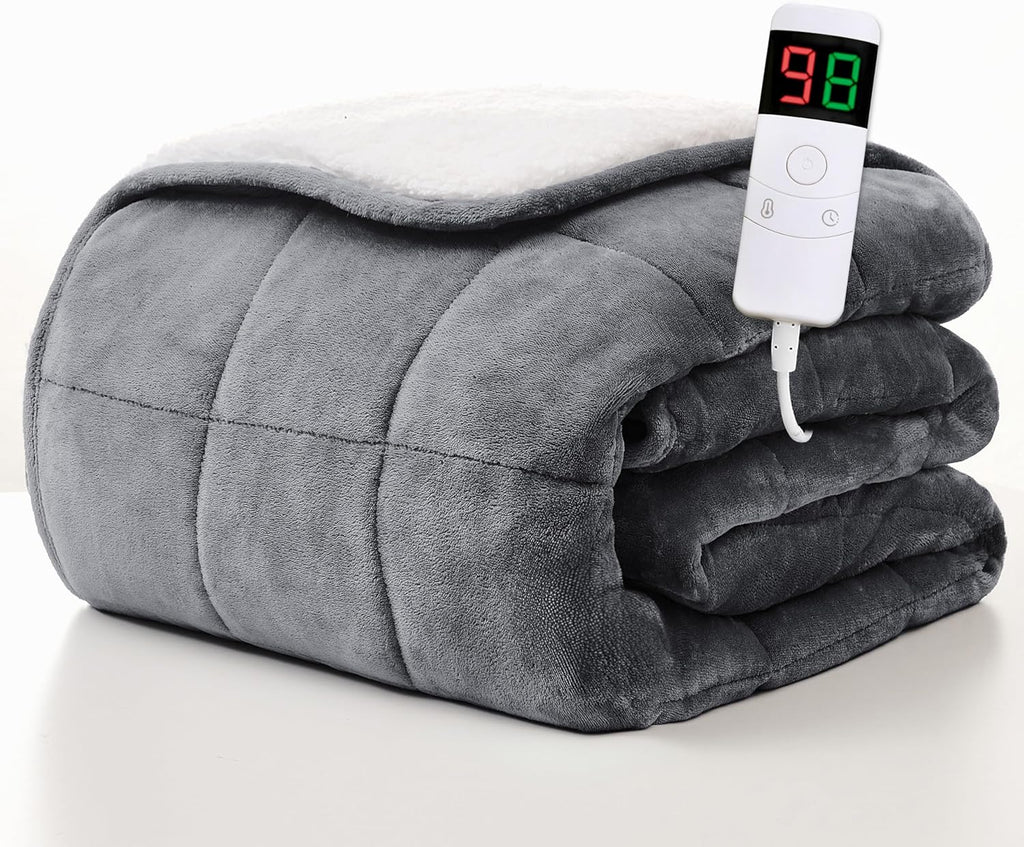 Homemate Heated Weighted Blanket for Adults - 50"x60" 10lbs Electric Throw Fast Heating Heavy Blanket 1/2/4/6/8 Hour Auto Off 10 Heat Levels Over-Heat Protection Soft Flannel Sherpa