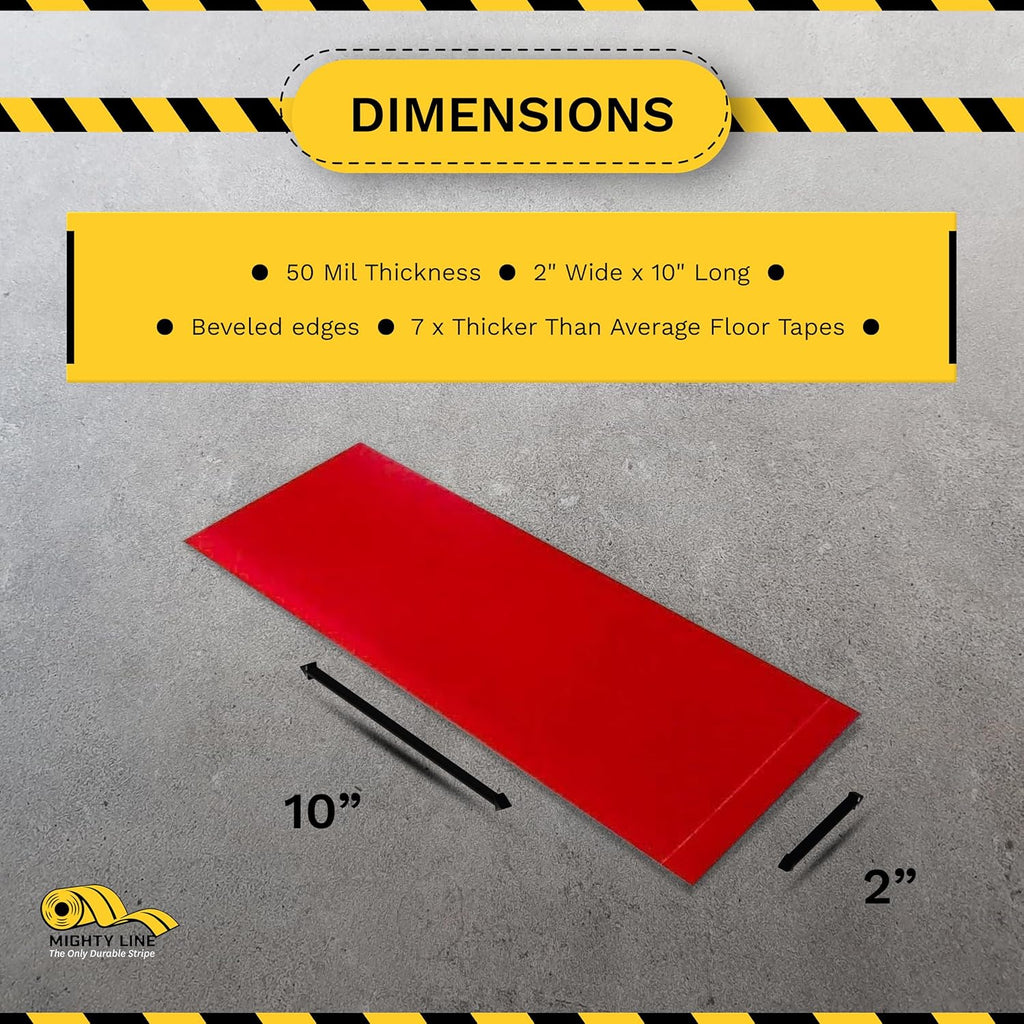 Mighty Line Floor Marking Tape Strips for Safety, Caution, Warning, Heavy-Duty, Peel and Stick, Adhesive, Industrial Quality, Red, 2" by 10"