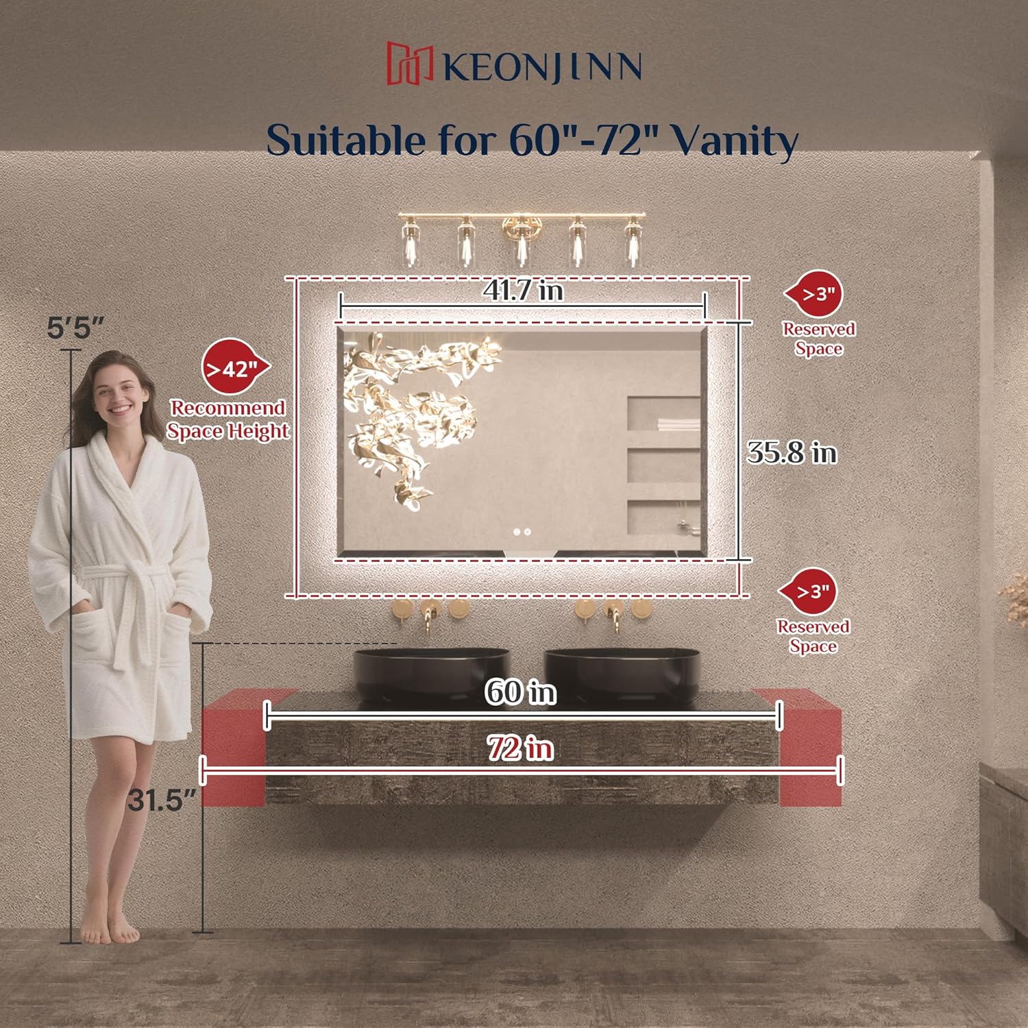 Keonjinn Backlit Mirror Bathroom 48 x 30 Inch, LED Vanity Mirror with Beveled Edge, Tempered Glass, UL-Listed Power Driver, 3 Color Lights, Safe Anti-Fog, Dimmable, Smart Bathroom Mirror with Lights