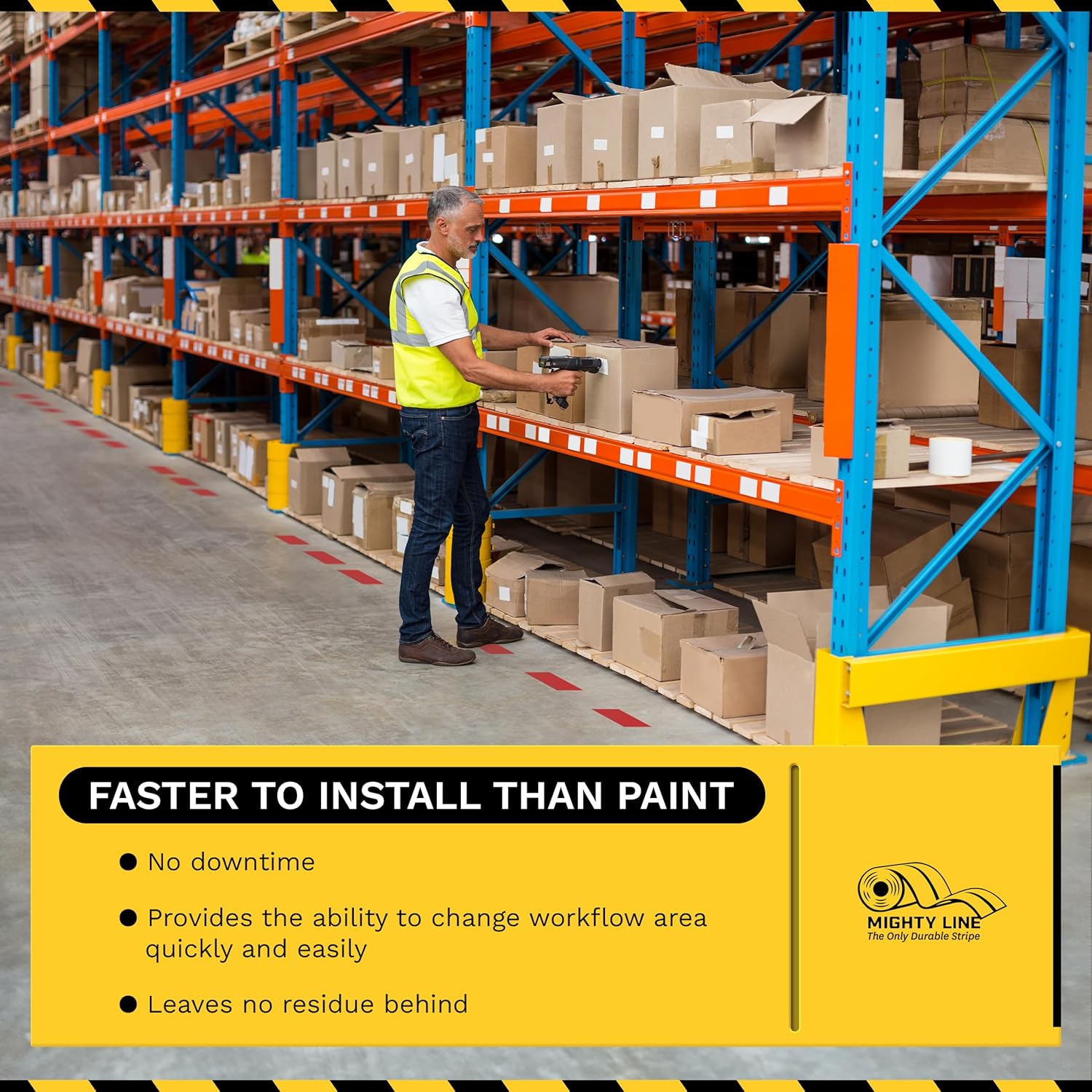 Mighty Line Floor Marking Tape Strips for Safety, Caution, Warning, Heavy-Duty, Peel and Stick, Adhesive, Industrial Quality, Black, 2" by 10"