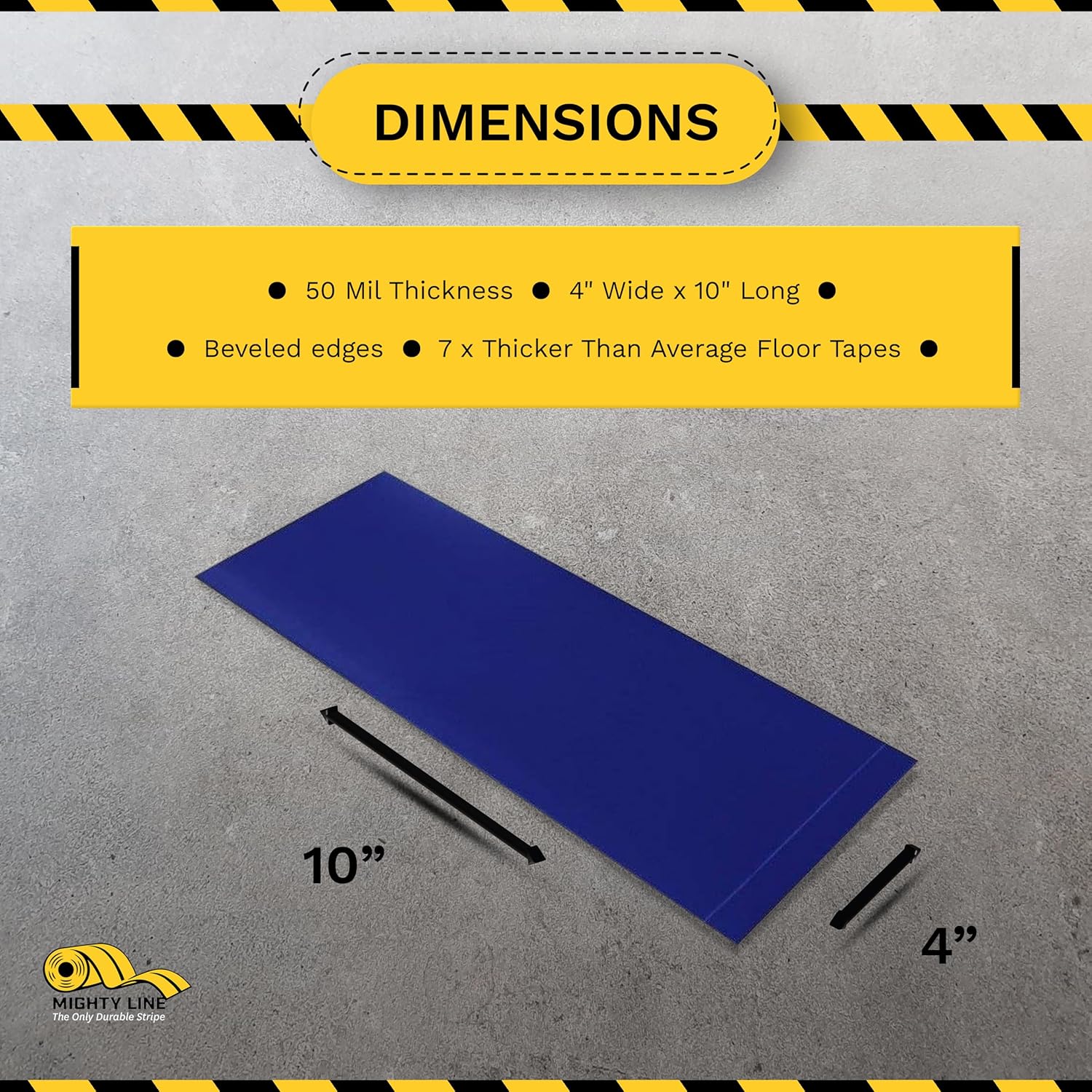 Mighty Line Floor Marking Tape Strips for Safety, Caution, Warning, Heavy-Duty, Peel and Stick, Adhesive, Industrial Quality, Blue, 4" by 10"