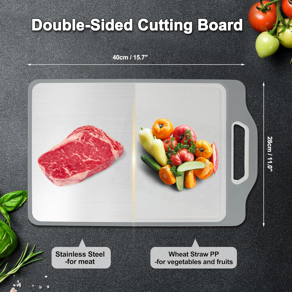 VOCOSTE Double-Sided Stainless Steel Cutting Board, Hygienic Kitchen Board for Meat, Fruits & Vegetables, Dishwasher Safe, Families with Children and Elderly, Gray
