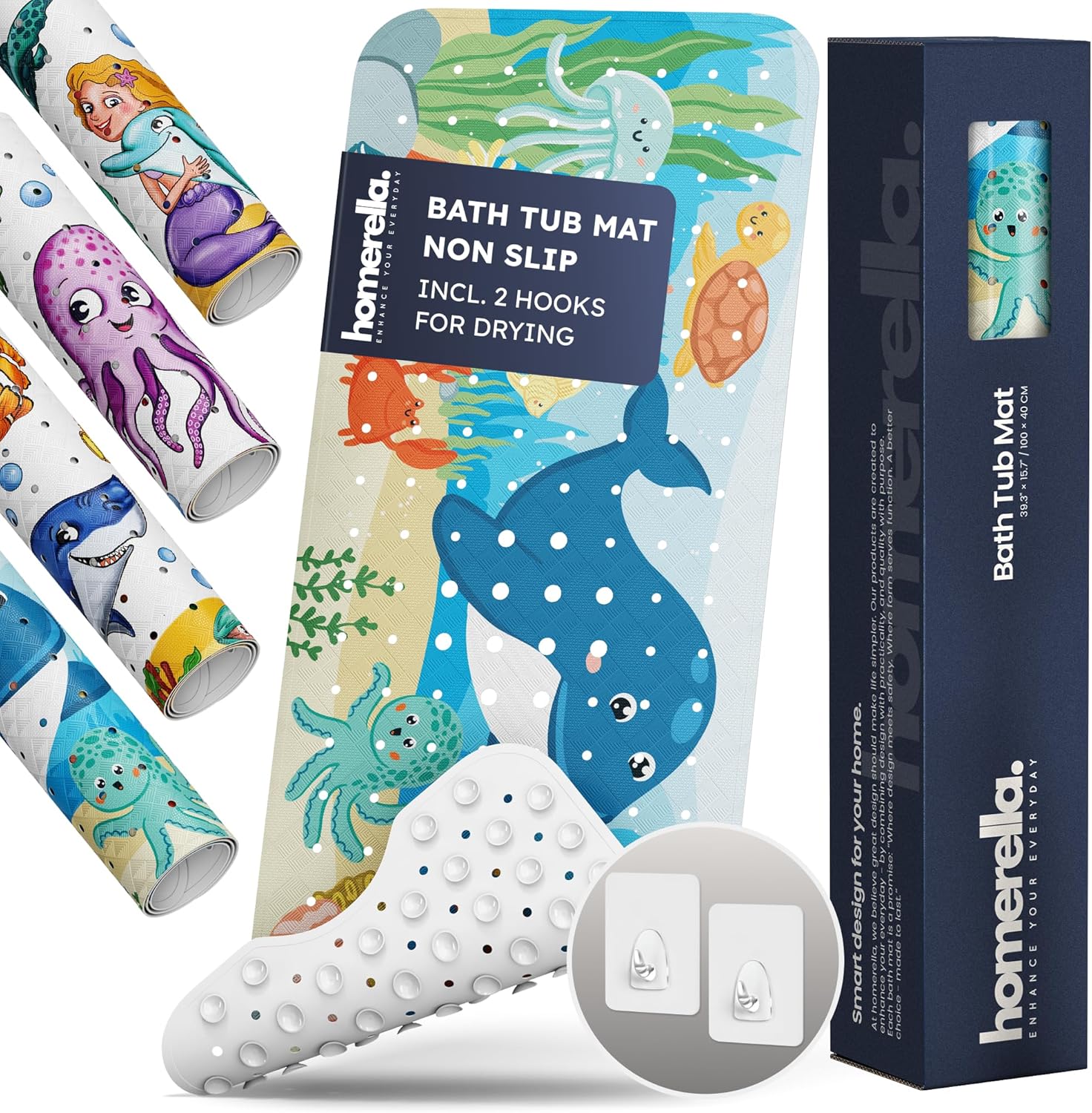 Bath Tub Mat Non Slip Anti Mold for Kids BPA Free INCL Hooks - homerella® Ocean Sea Animals 40x16, Baby Bath Mat Non Slip 200 Suction Cups, Non Toxic Machine Washable Toddler Bath Mat, EU Certified