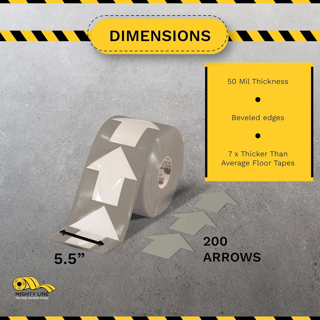 Mighty Line 5.5" Wide Solid Arrows Roll, Directional Sticker Sign Floor Marking Tape for Safety, Caution, Warning, Heavy-Duty, Peel and Stick, Adhesive, Industrial Quality, Gray, Pack of 200