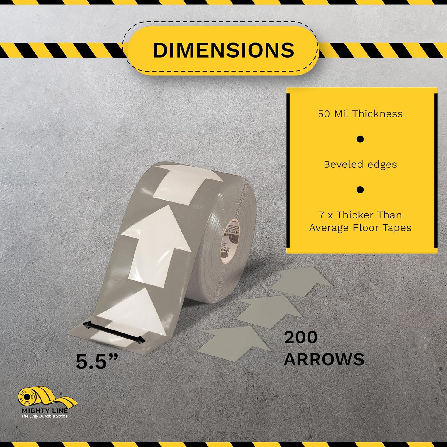 Mighty Line 5.5" Wide Solid Arrows Roll, Directional Sticker Sign Floor Marking Tape for Safety, Caution, Warning, Heavy-Duty, Peel and Stick, Adhesive, Industrial Quality, Gray, Pack of 200