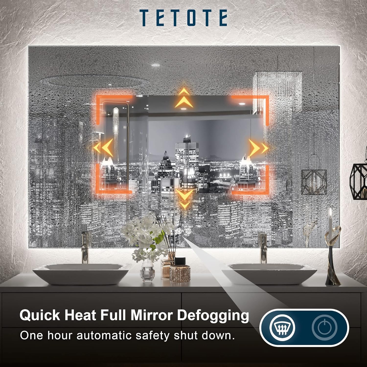 TETOTE 48 x 30 Inch LED Mirror Backlit Bathroom,Anti-Fog Mirror with Light,Dimmable,CRI90+,IP54 Water Proof,Wall Mounted Vanity Lighted Mirror,Horizontal/Vertical