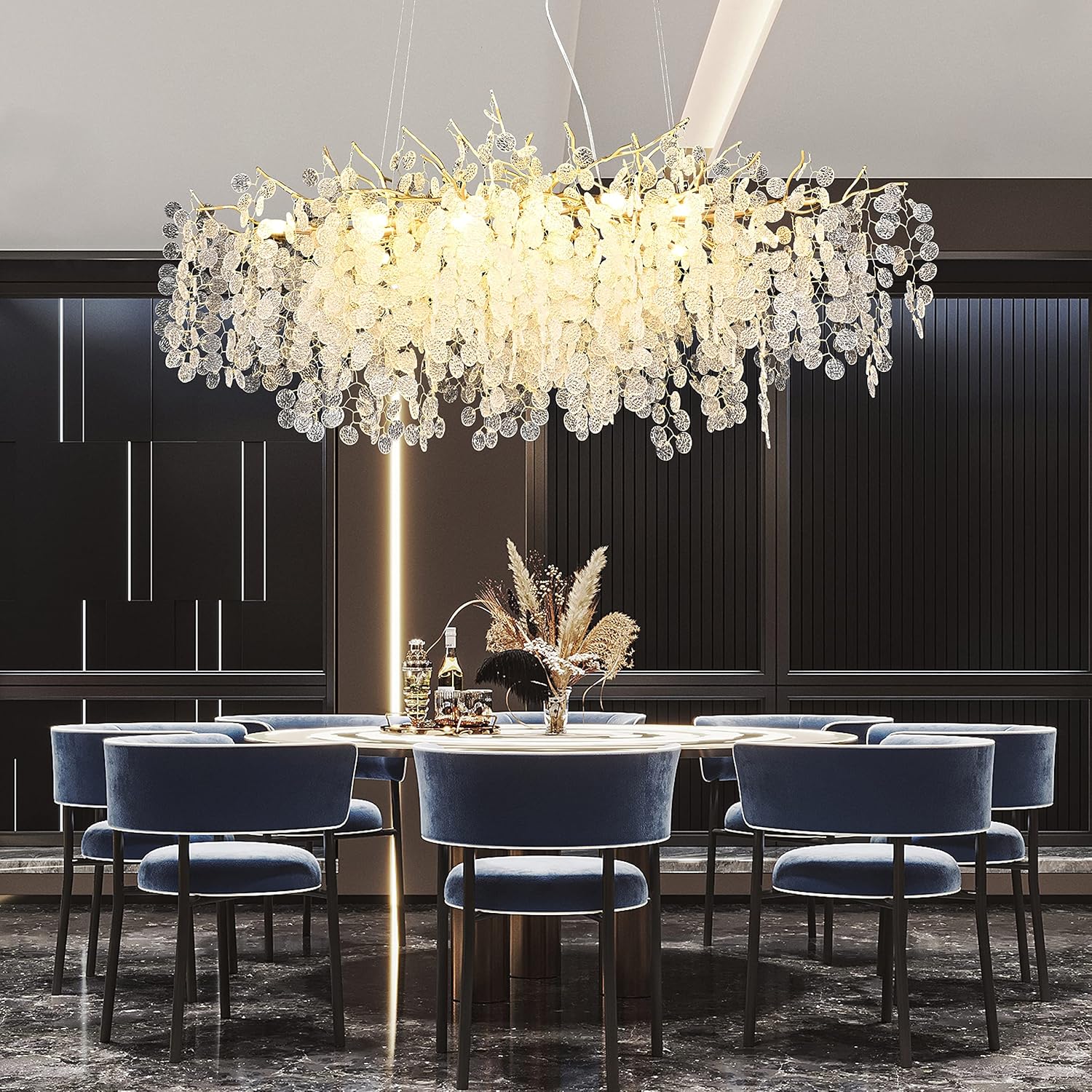 Modern Tree Branch Chandelier, 47.24 inch Money Tree Branch Gold Crystal Chandeliers, Rectangular Ceiling Pendant Lighting Fixtures for Dining Room, Bedroom, Living Room