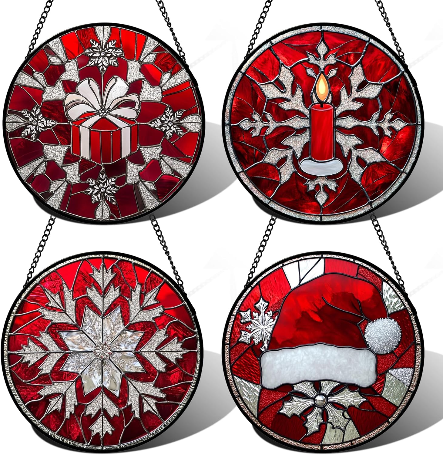 Stained Glass Window Hanging 4 Pcs Set Red Christmas Decorations Theme Large 11.8" - Suncatcher Door Garden Sun Catcher Decor Birthday for Mom Woman Nana Men Friend Wife