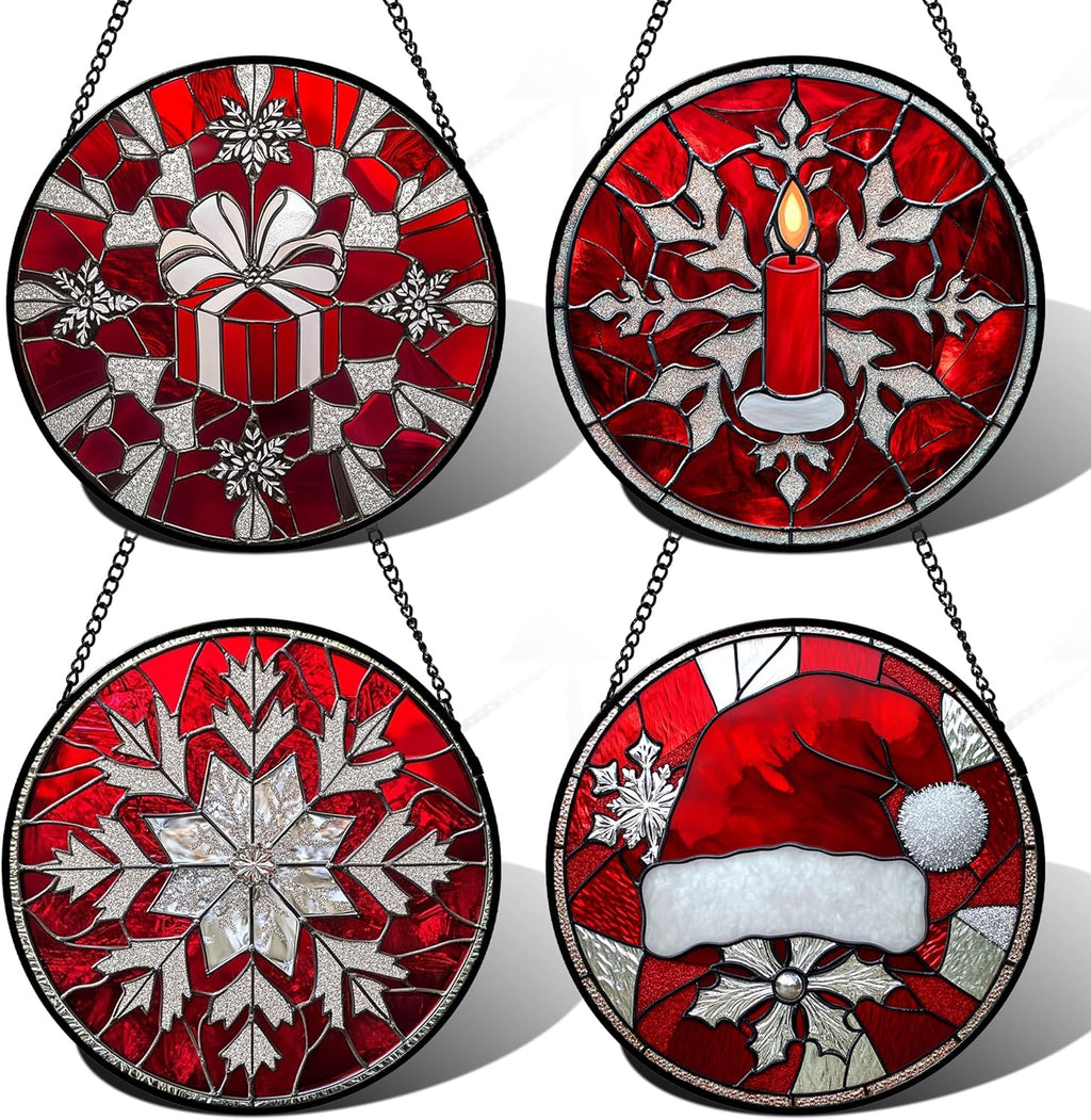 Stained Glass Window Hanging 4 Pcs Set Red Christmas Decorations Theme Large 15" - Suncatcher Door Garden Sun Catcher Decor Birthday for Mom Woman Nana Men Friend Wife