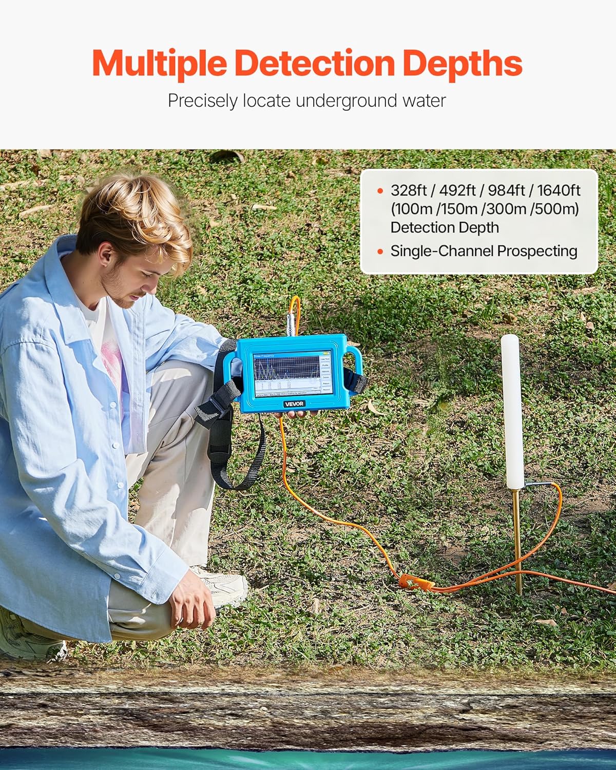 VEVOR Underground Water Detector, Up to 1640ft (500m) Pro Underground Water Detection Locator, 7" Touchscreen Auto Mapping Well Detector Explorer with Multi-Frequency Measurement, 8GB Card, Carry Case