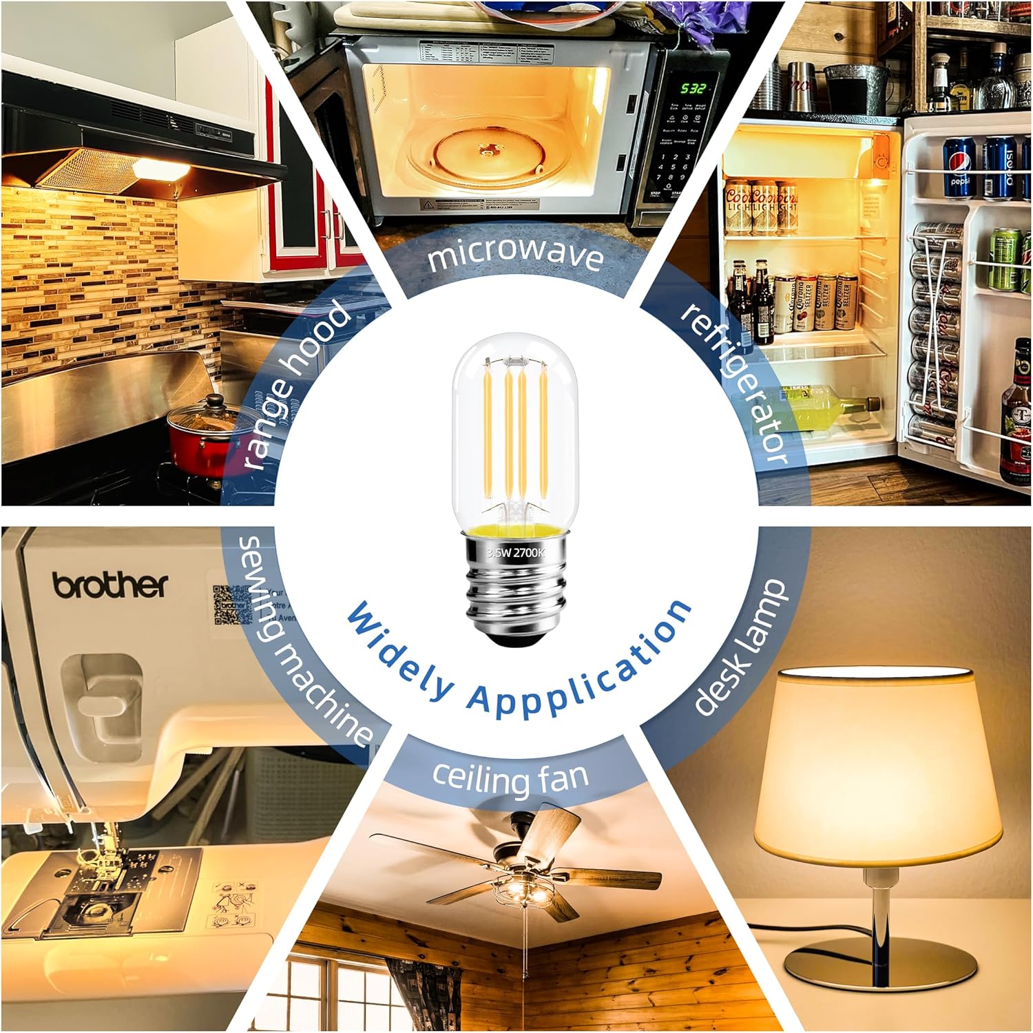 2.5 Inch E17 Intermediate Base LED Filament Bulb 360 Lumens, 2700K Soft White Dimmable Appliance Bulb AC 120V, UL Certified T8 Microwave Light Bulbs Under Hood for Refrigerator Stove 6Pack
