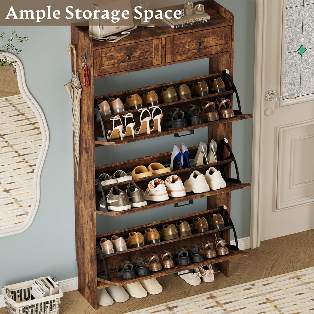 Shoe Storage Cabinet for Entryway, Farmhouse Narrow Shoe Cabinet with 3 Flip Drawers & 2 Top Drawers, Adjustable Shelves & Hooks, Freestanding Hidden Rack Organizer for Hallway, Foyer